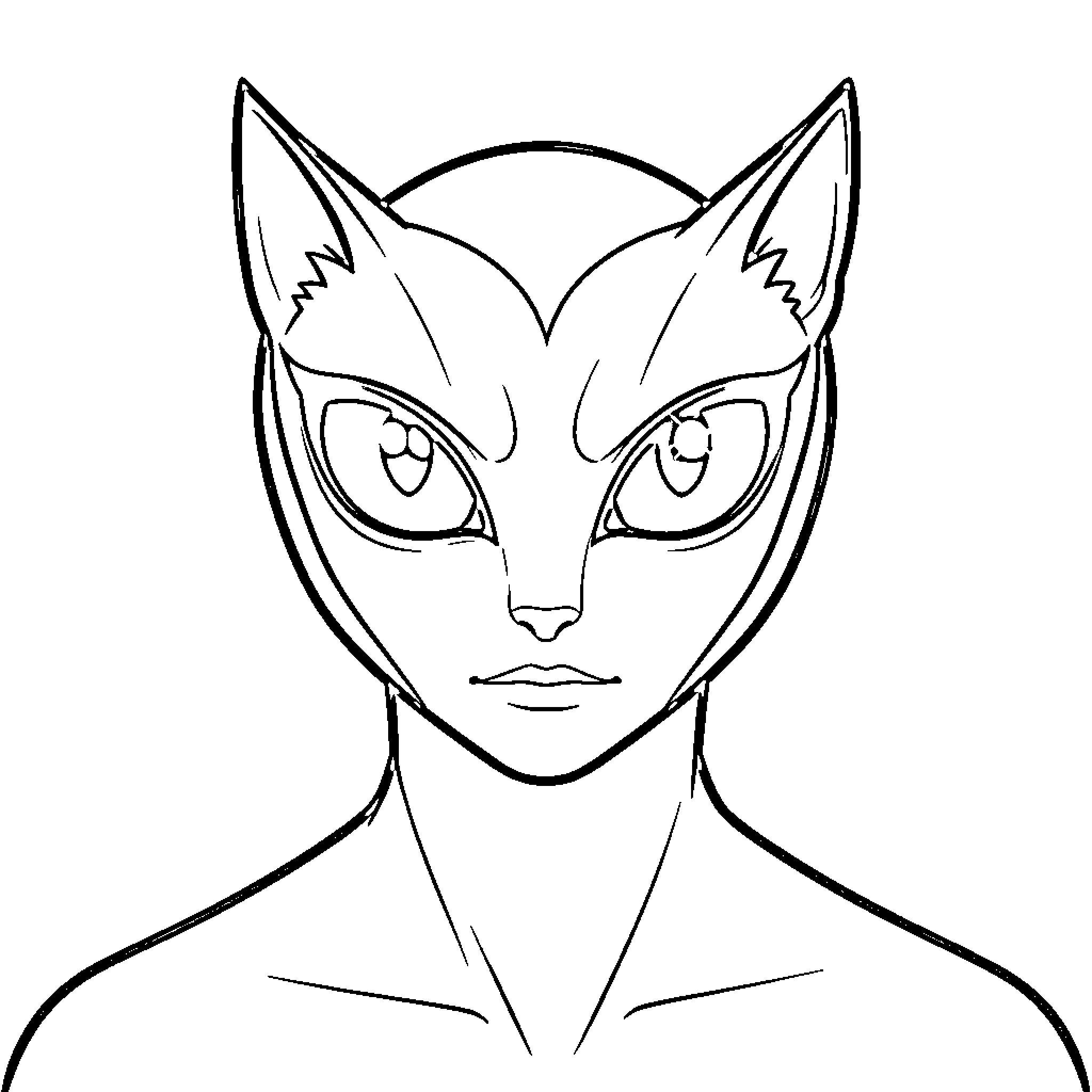 Katseye portrait of a feline-inspired humanoid figure Coloring Page (free black-and-white line drawing printable PDF for all, from beginners to advanced learners, including children, teens, adults, and seniors)