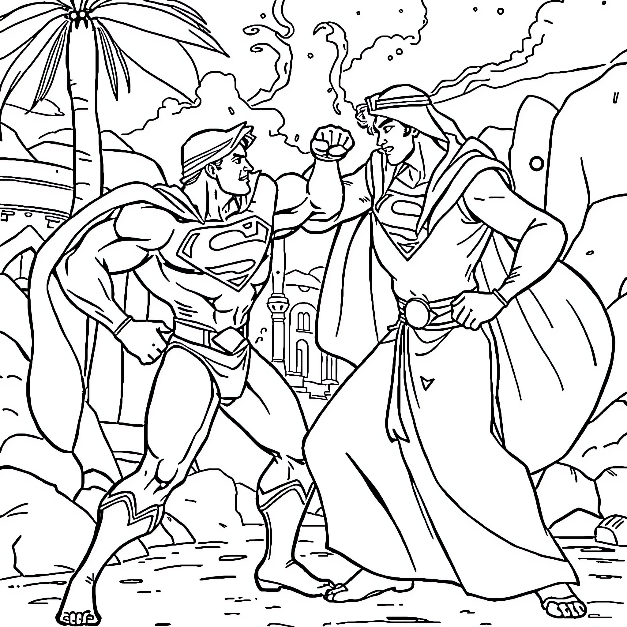 Aladdin and Jafar engage in a dramatic confrontation Coloring Page (free black-and-white line drawing printable PDF for all, from beginners to advanced learners, including children, teens, adults, and seniors)