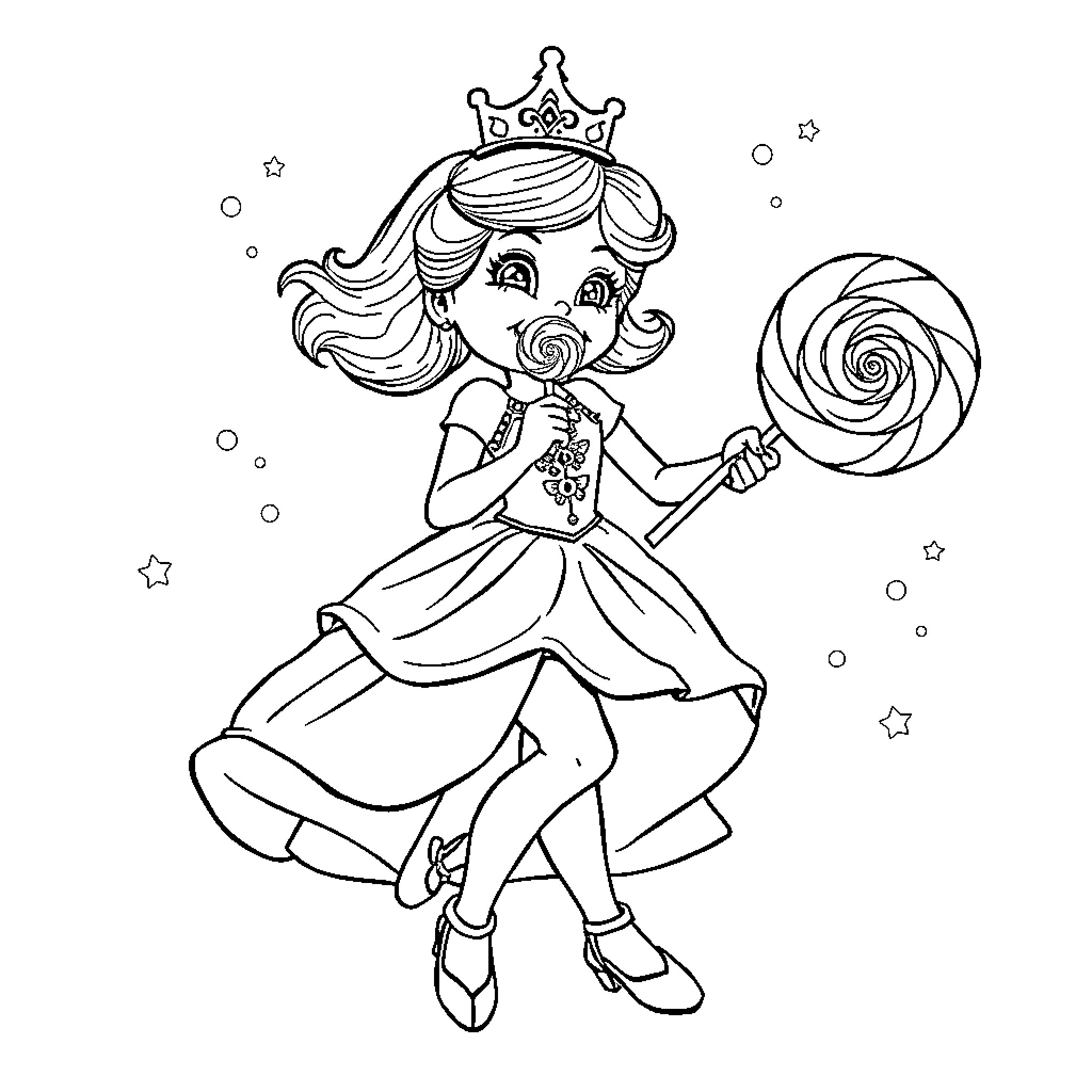 Bingo: Magical Princess with Lollipop and Crown Coloring Page (free black-and-white line drawing printable PDF for all, from beginners to advanced learners, including children, teens, adults, and seniors)