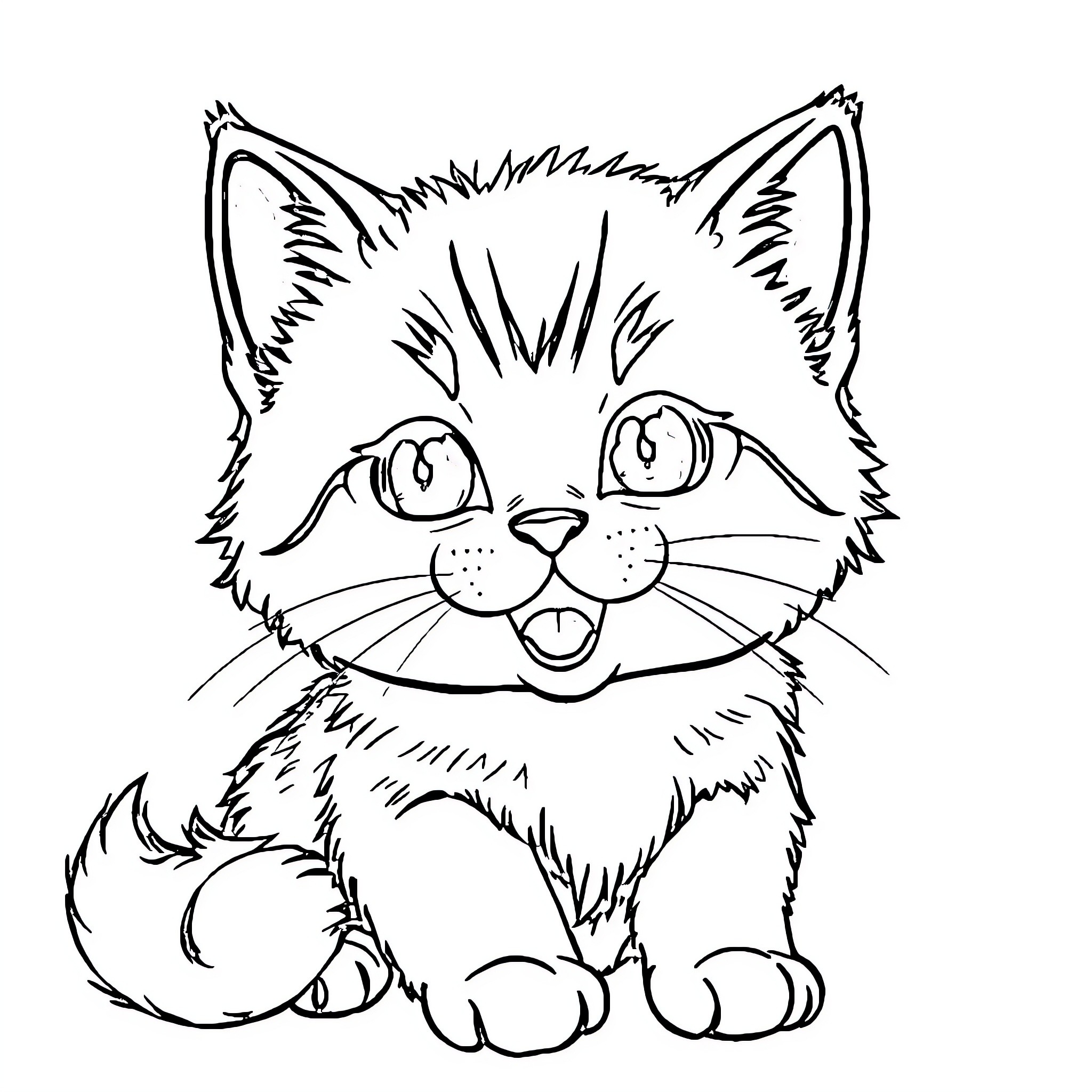 Cat with a Cheerful Expression Coloring Page (free black-and-white line drawing printable PDF for all, from beginners to advanced learners, including children, teens, adults, and seniors)