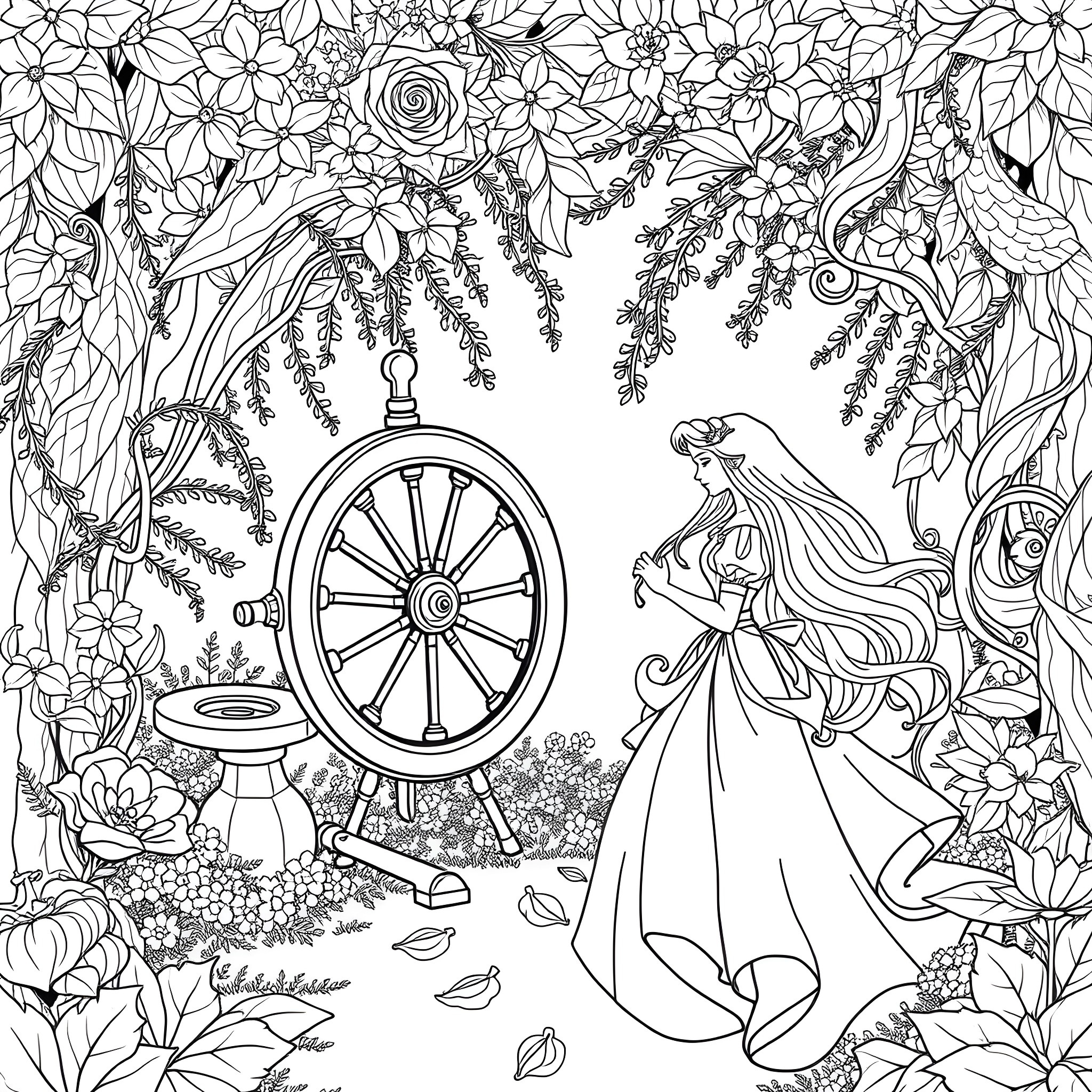 Sleeping Beauty surrounded by enchanting floral elements Coloring Page (free black-and-white line drawing printable PDF for all, from beginners to advanced learners, including children, teens, adults, and seniors)