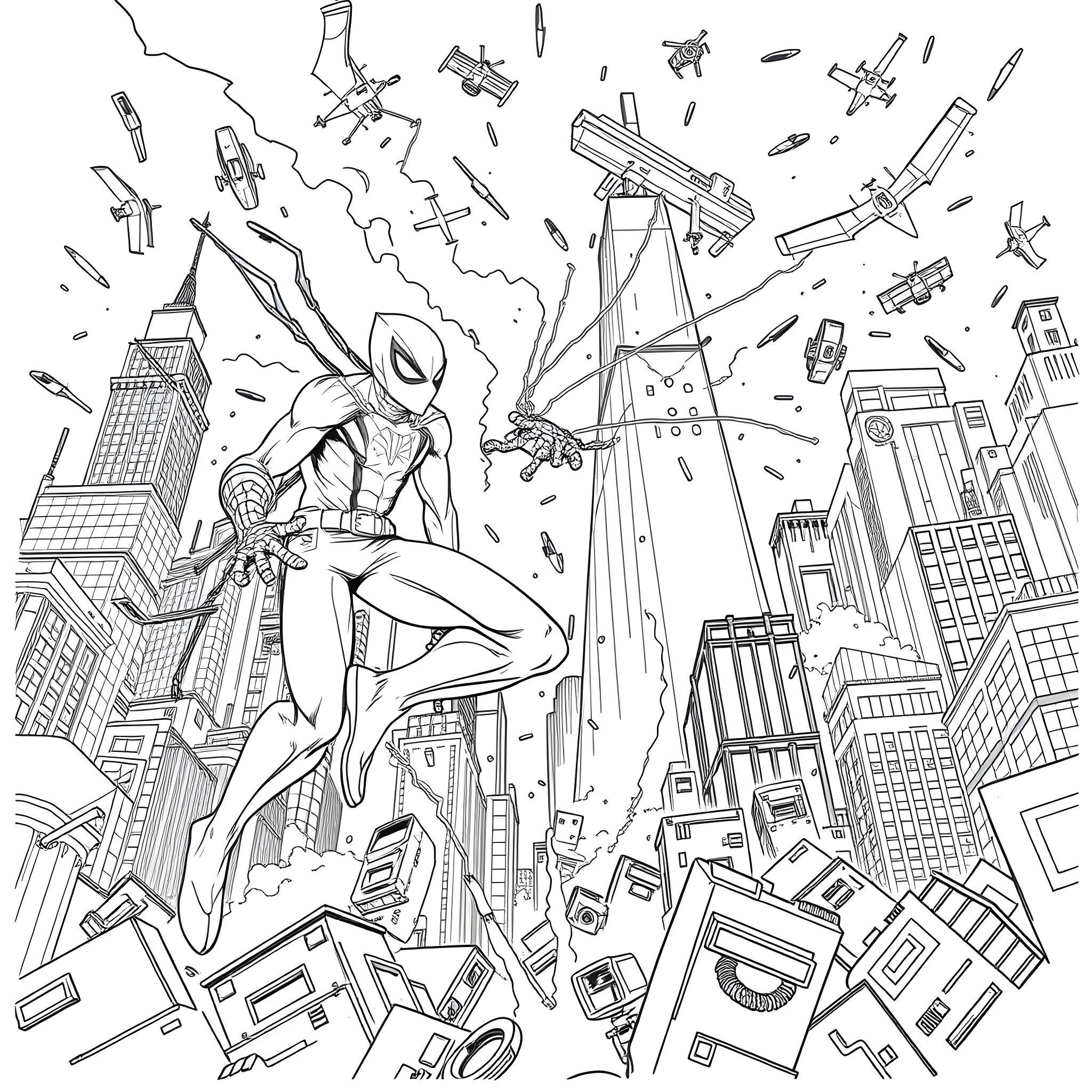 Goblin superhero battles robot army in futuristic city Coloring Page (free black-and-white line drawing printable PDF for all, from beginners to advanced learners, including children, teens, adults, and seniors)