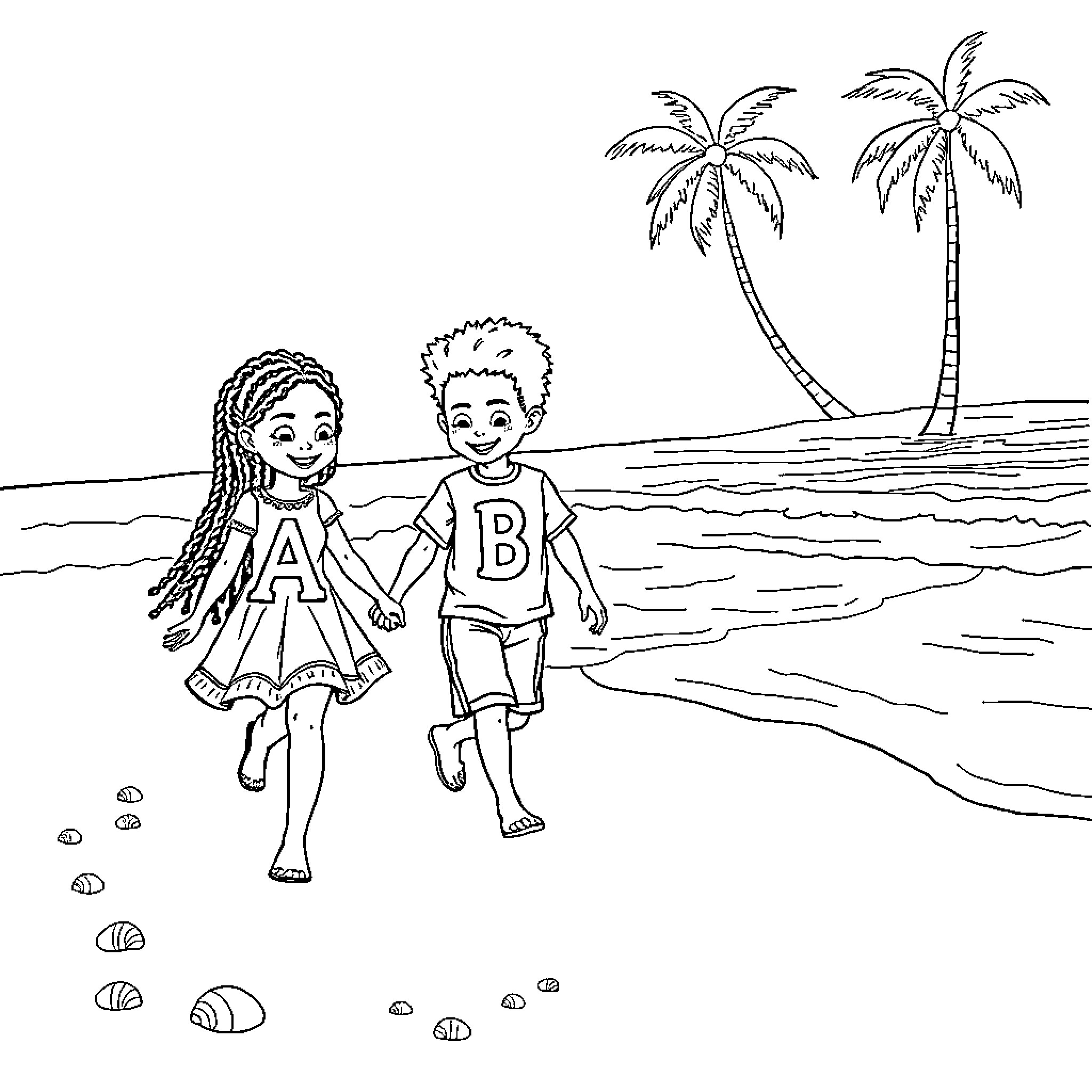 Girl and Boy Playing on the Beach Coloring Page (free black-and-white line drawing printable PDF for all, from beginners to advanced learners, including children, teens, adults, and seniors)