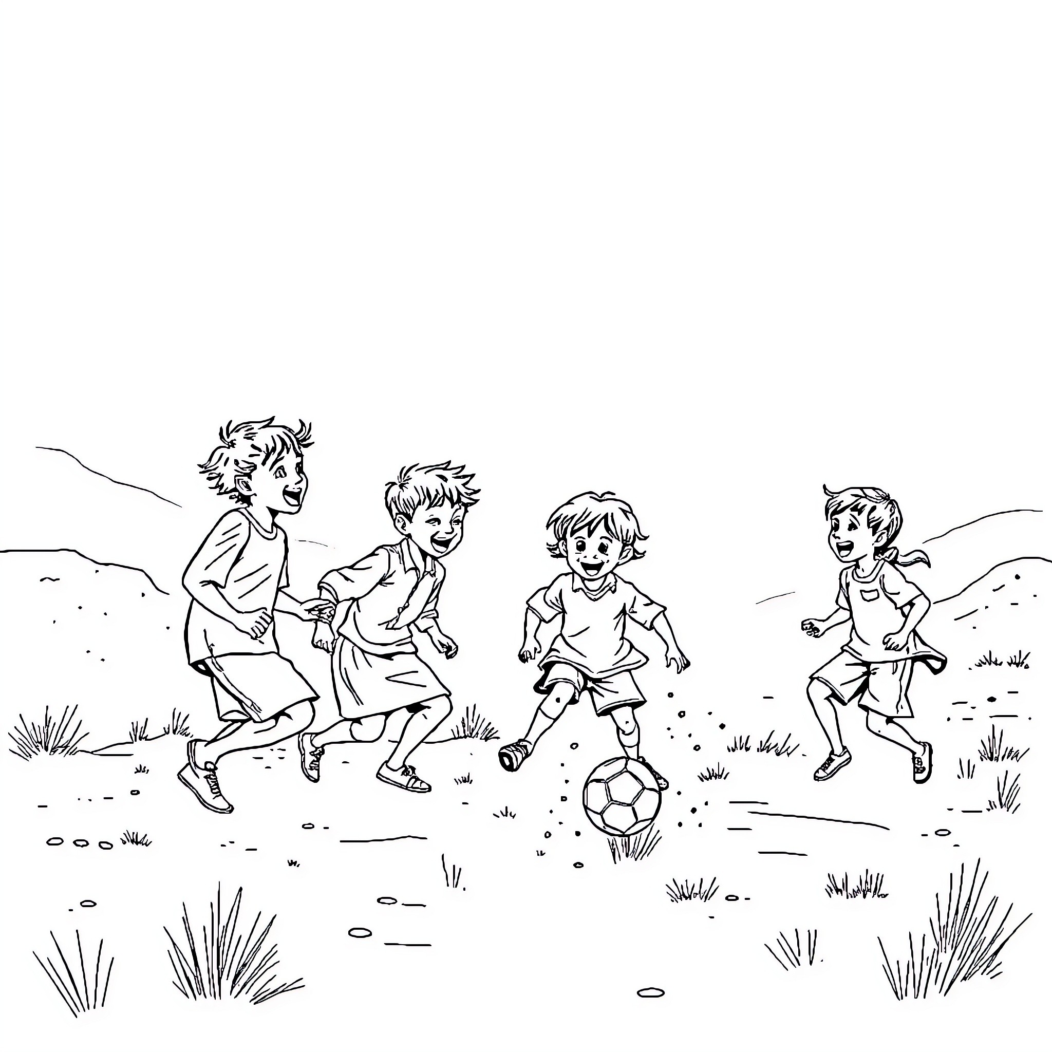 Kids playing joyfully with soccer ball in the field Coloring Page (free black-and-white line drawing printable PDF for all, from beginners to advanced learners, including children, teens, adults, and seniors)