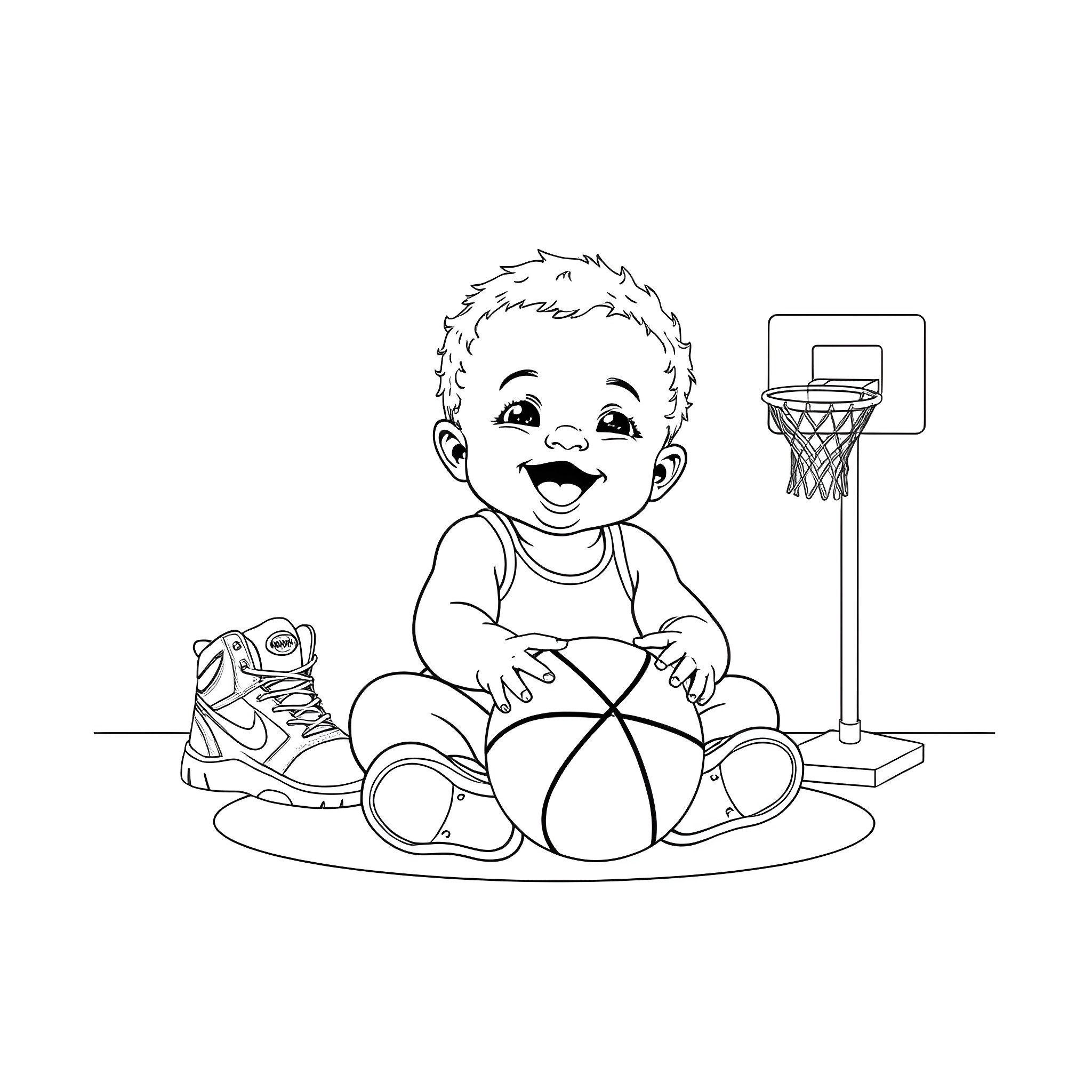 Baby Playing with Basketball and Sneakers Coloring Page (free black-and-white line drawing printable PDF for all, from beginners to advanced learners, including children, teens, adults, and seniors)