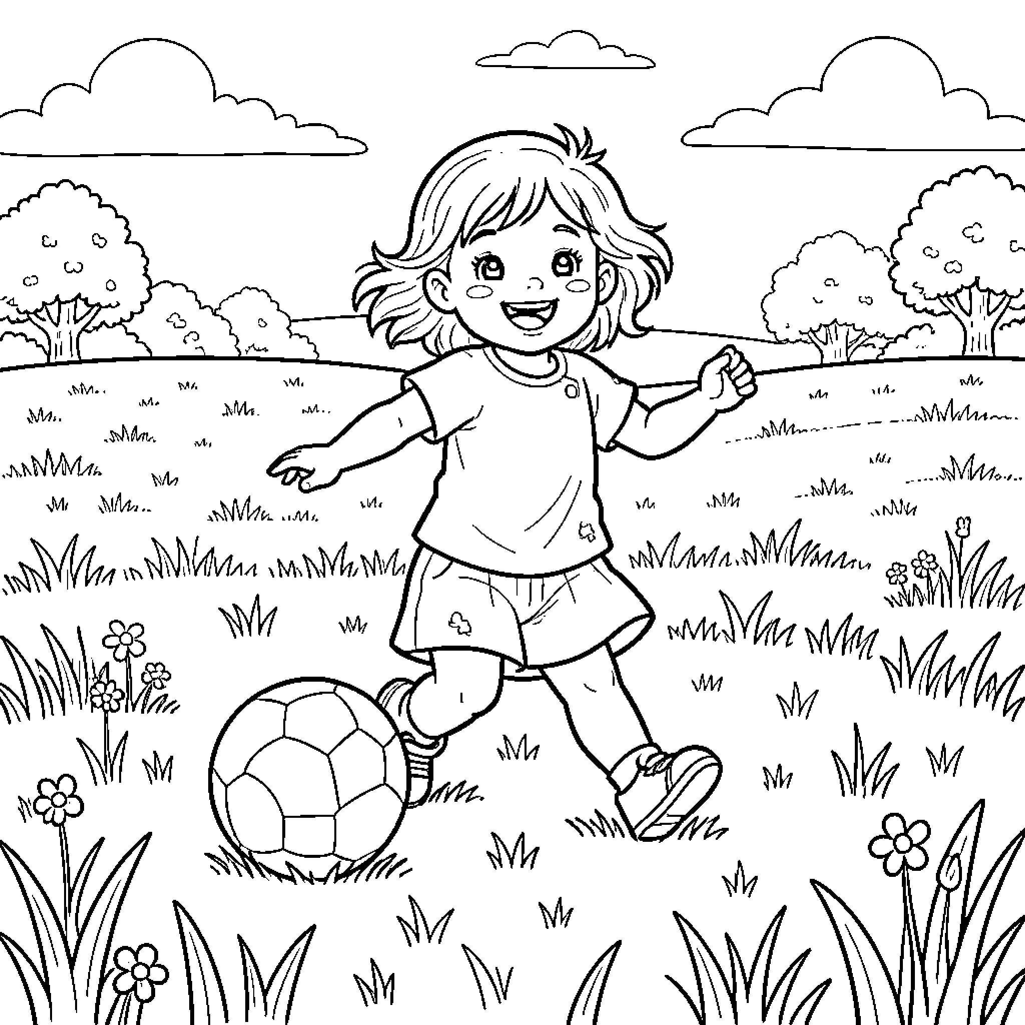Nina playing joyfully with a soccer ball in the park Coloring Page (free black-and-white line drawing printable PDF for all, from beginners to advanced learners, including children, teens, adults, and seniors)