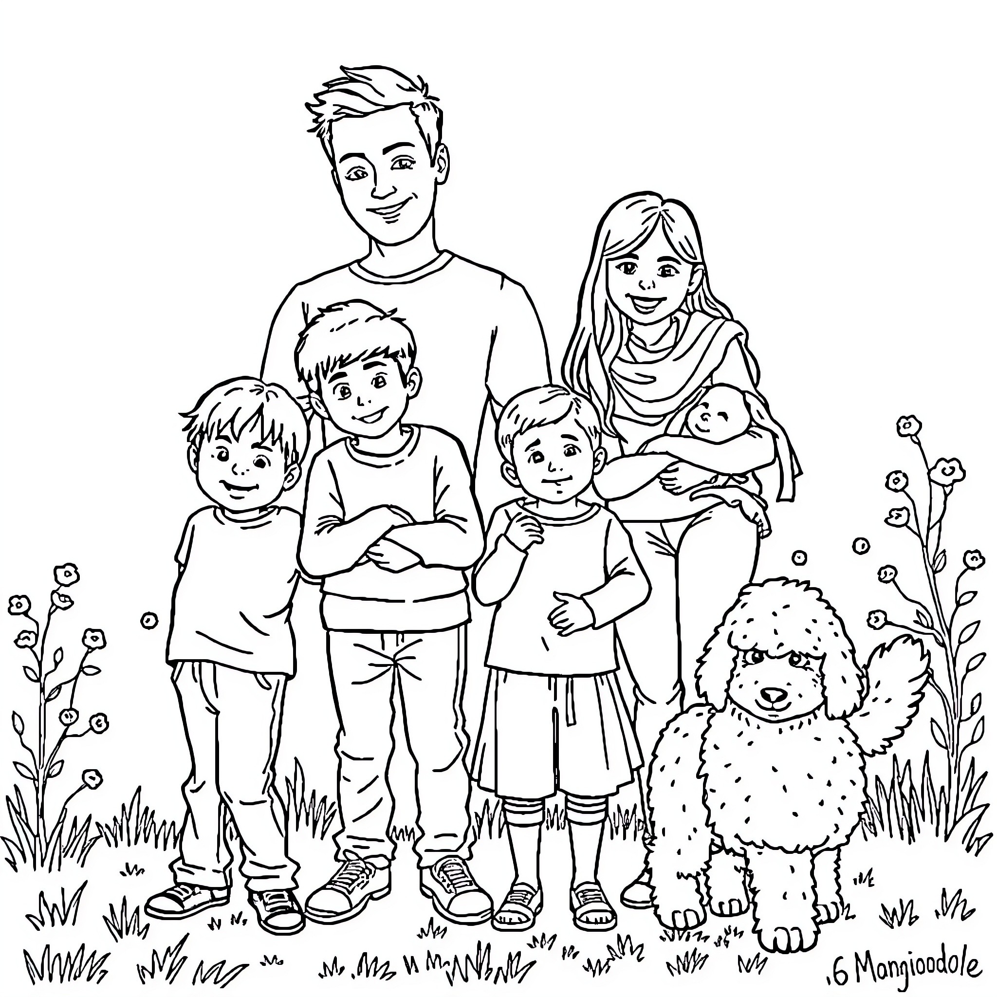 Family Enjoying a Peaceful Outdoor Gathering Coloring Page (free black-and-white line drawing printable PDF for all, from beginners to advanced learners, including children, teens, adults, and seniors)