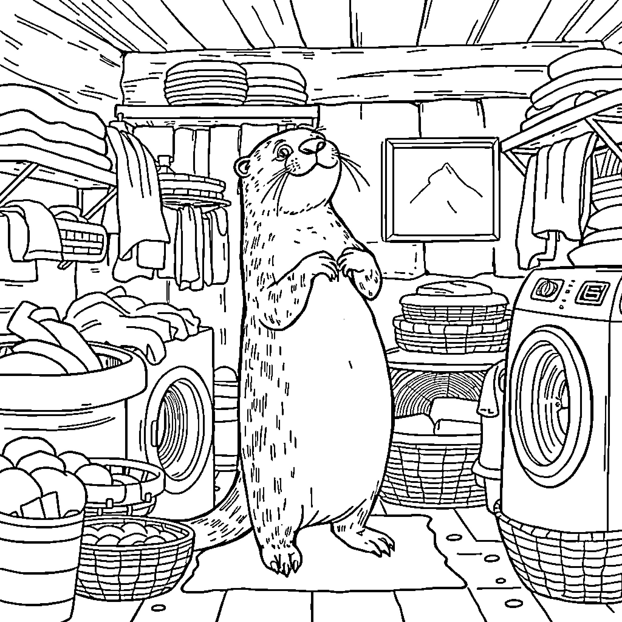 Otter standing in a cluttered room Coloring Page (free black-and-white line drawing printable PDF for all, from beginners to advanced learners, including children, teens, adults, and seniors)