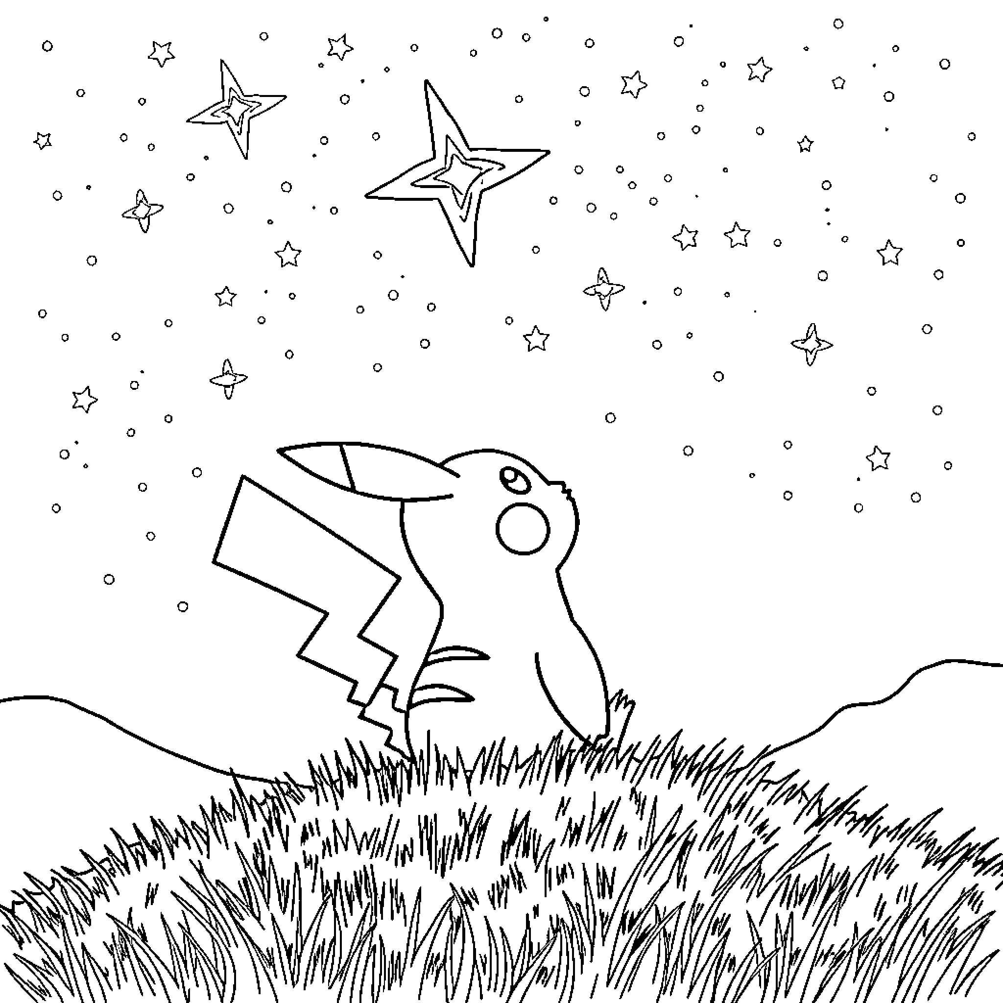 Pikachu enjoying a starry night in the meadow Coloring Page (free black-and-white line drawing printable PDF for all, from beginners to advanced learners, including children, teens, adults, and seniors)