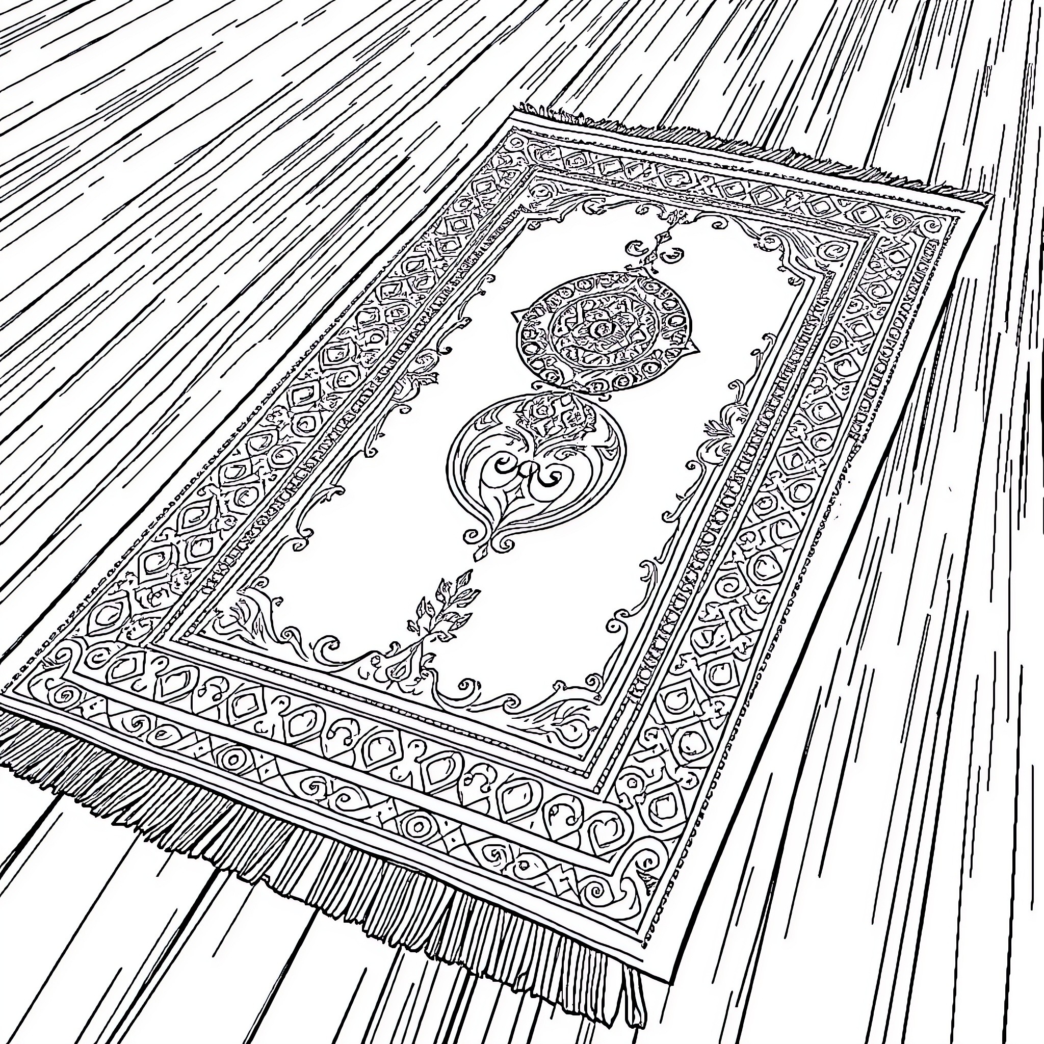 Prayer Mat with Intricate Islamic Patterns Coloring Page (free black-and-white line drawing printable PDF for all, from beginners to advanced learners, including children, teens, adults, and seniors)