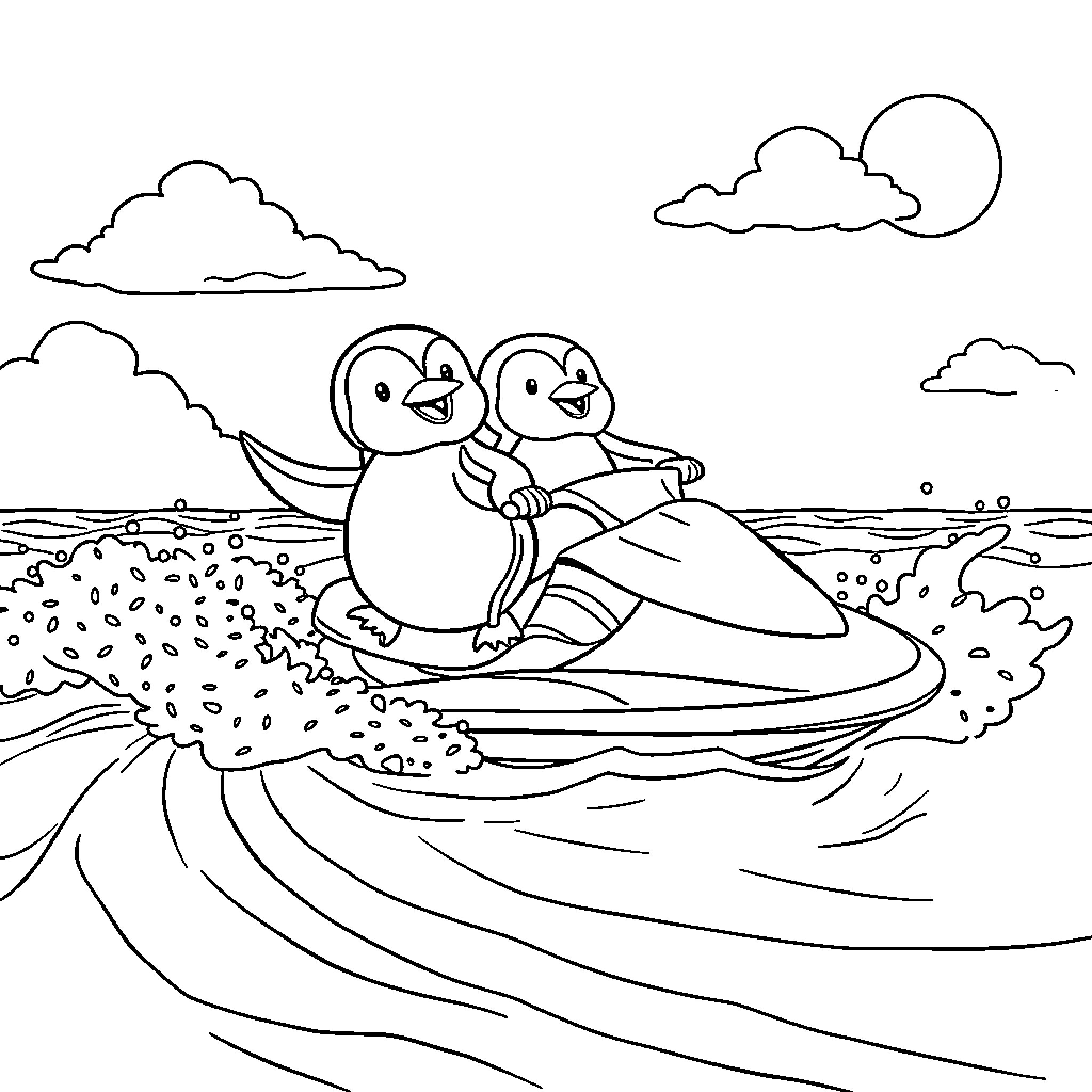 Penguins surfing on the ocean waves Coloring Page (free black-and-white line drawing printable PDF for all, from beginners to advanced learners, including children, teens, adults, and seniors)