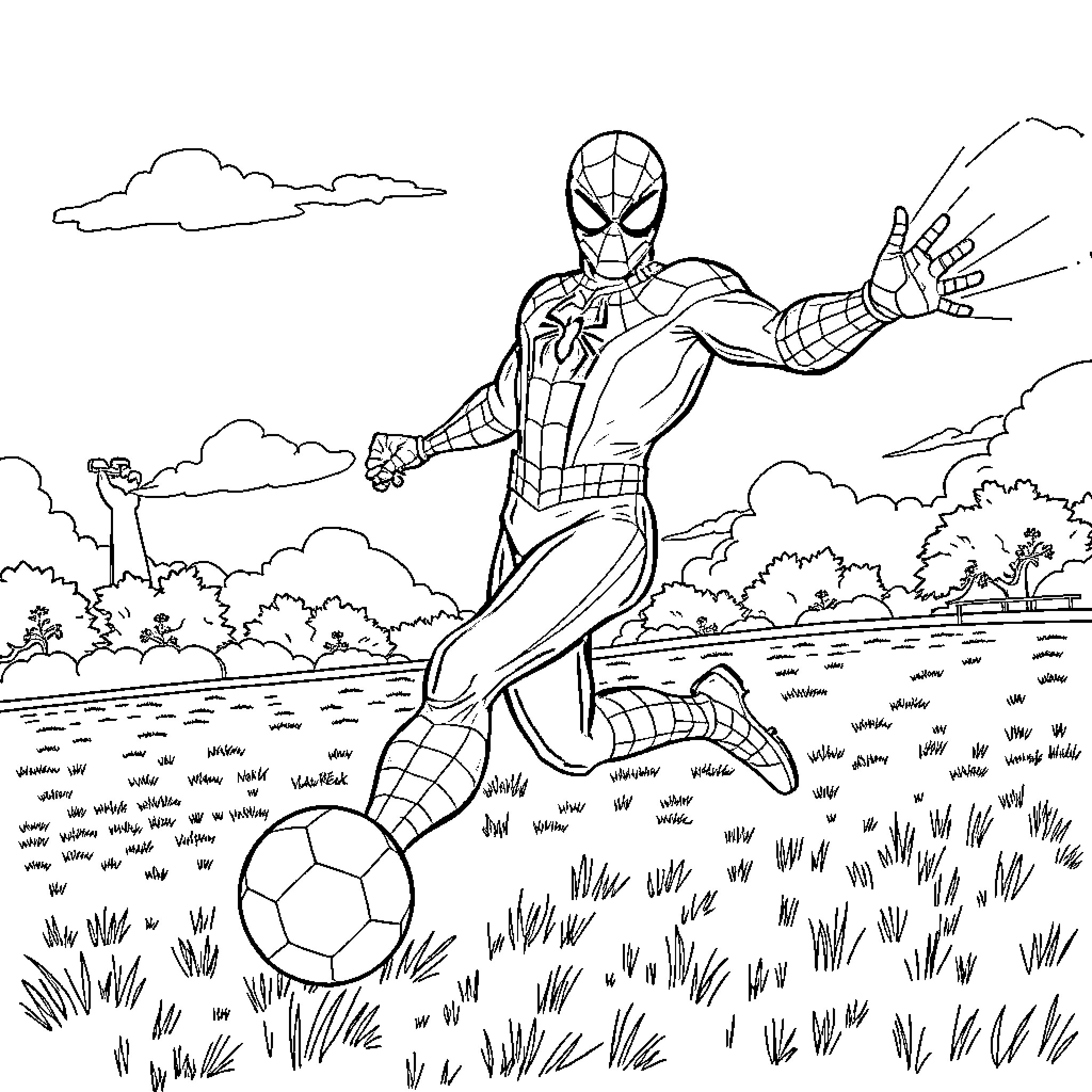 Spiderman playing soccer in a field Coloring Page (free black-and-white line drawing printable PDF for all, from beginners to advanced learners, including children, teens, adults, and seniors)