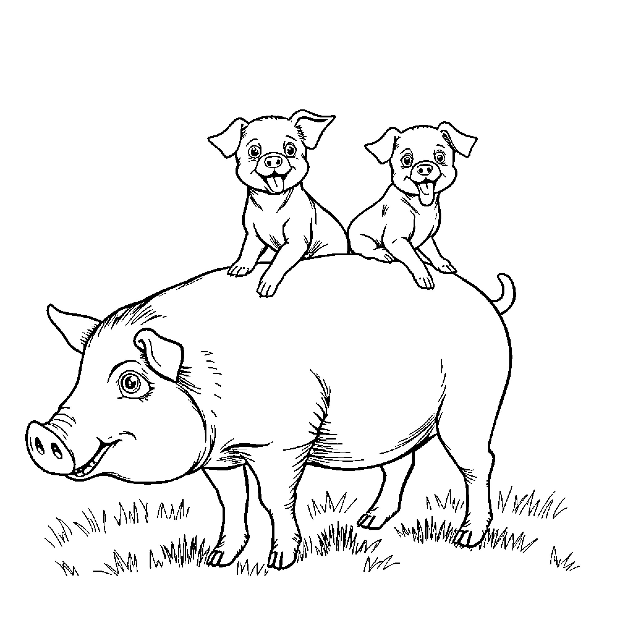 Dog pals perched atop friendly pig Coloring Page (free black-and-white line drawing printable PDF for all, from beginners to advanced learners, including children, teens, adults, and seniors)