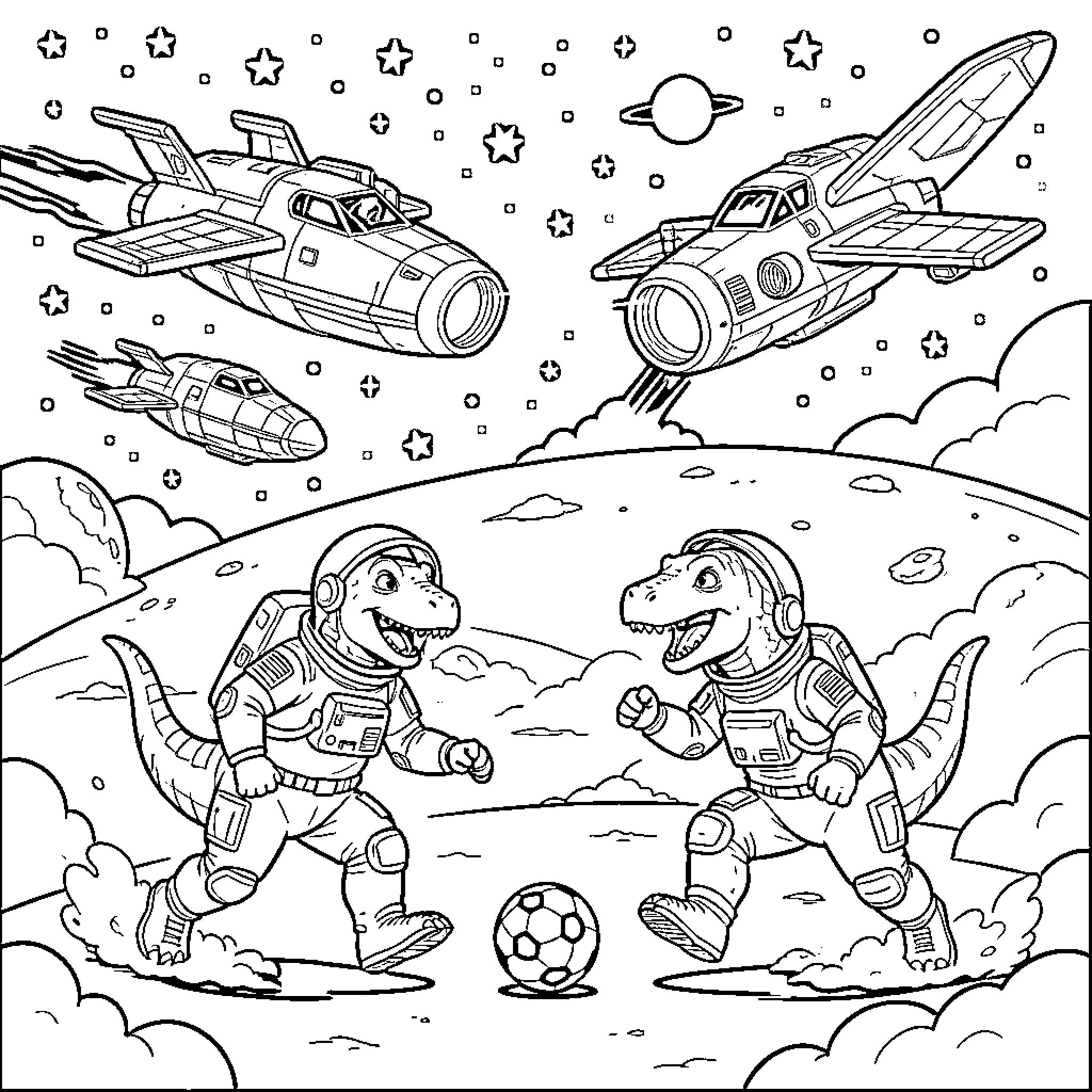 Dinosaur astronauts playing soccer in outer space Coloring Page (free black-and-white line drawing printable PDF for all, from beginners to advanced learners, including children, teens, adults, and seniors)