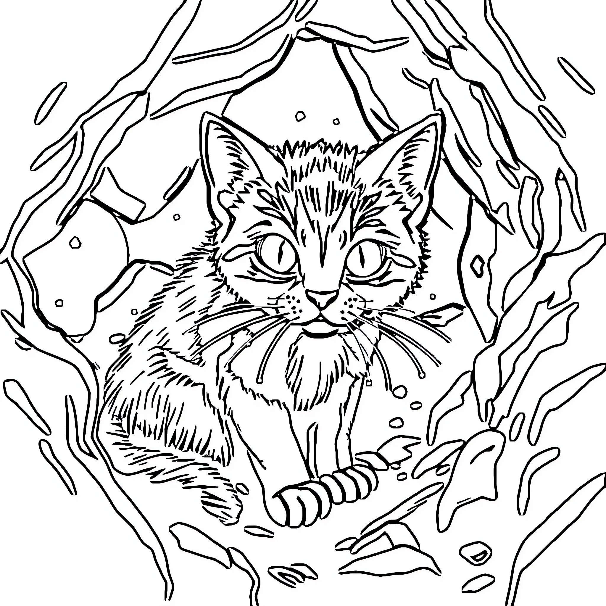 Cat in abstract environment Coloring Page (free black-and-white line drawing printable PDF for all, from beginners to advanced learners, including children, teens, adults, and seniors)
