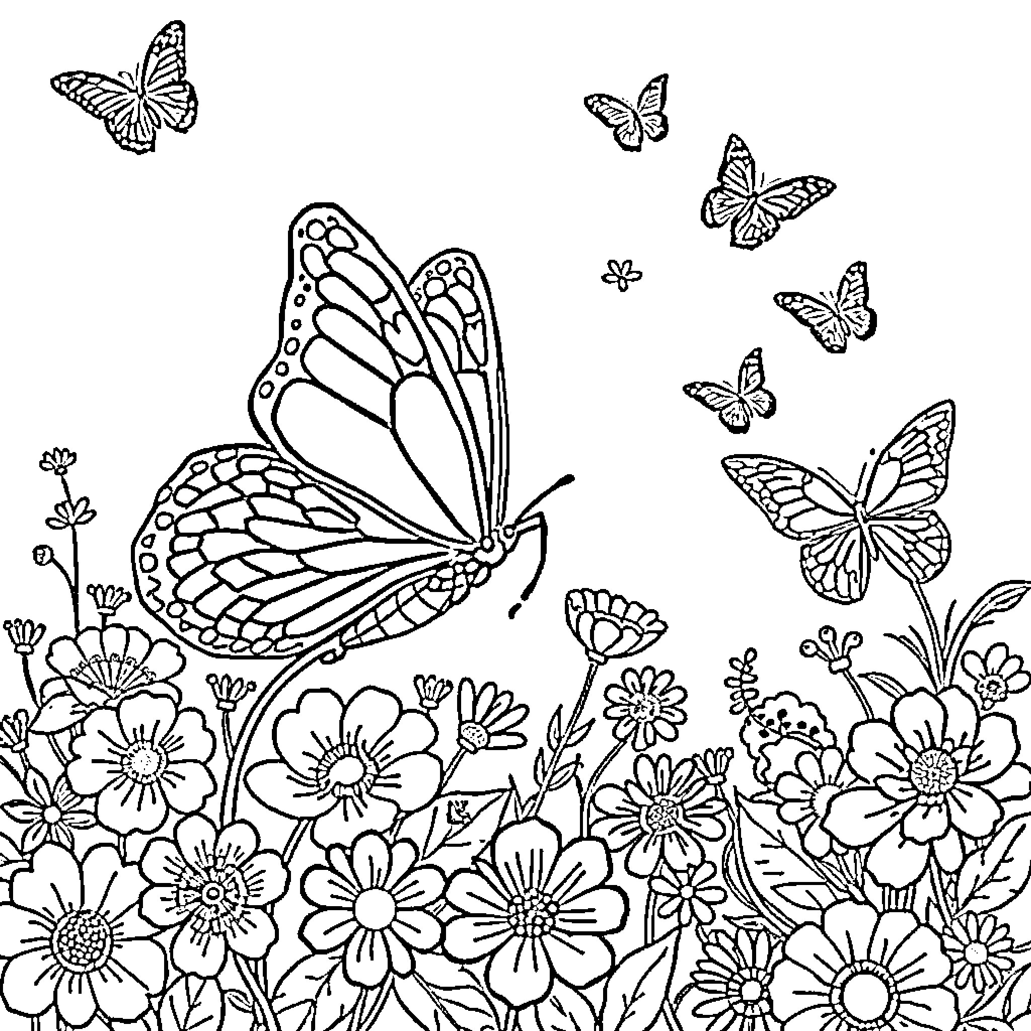 Butterfly Sanctuary with Intricate Floral Designs Coloring Page (free black-and-white line drawing printable PDF for all, from beginners to advanced learners, including children, teens, adults, and seniors)