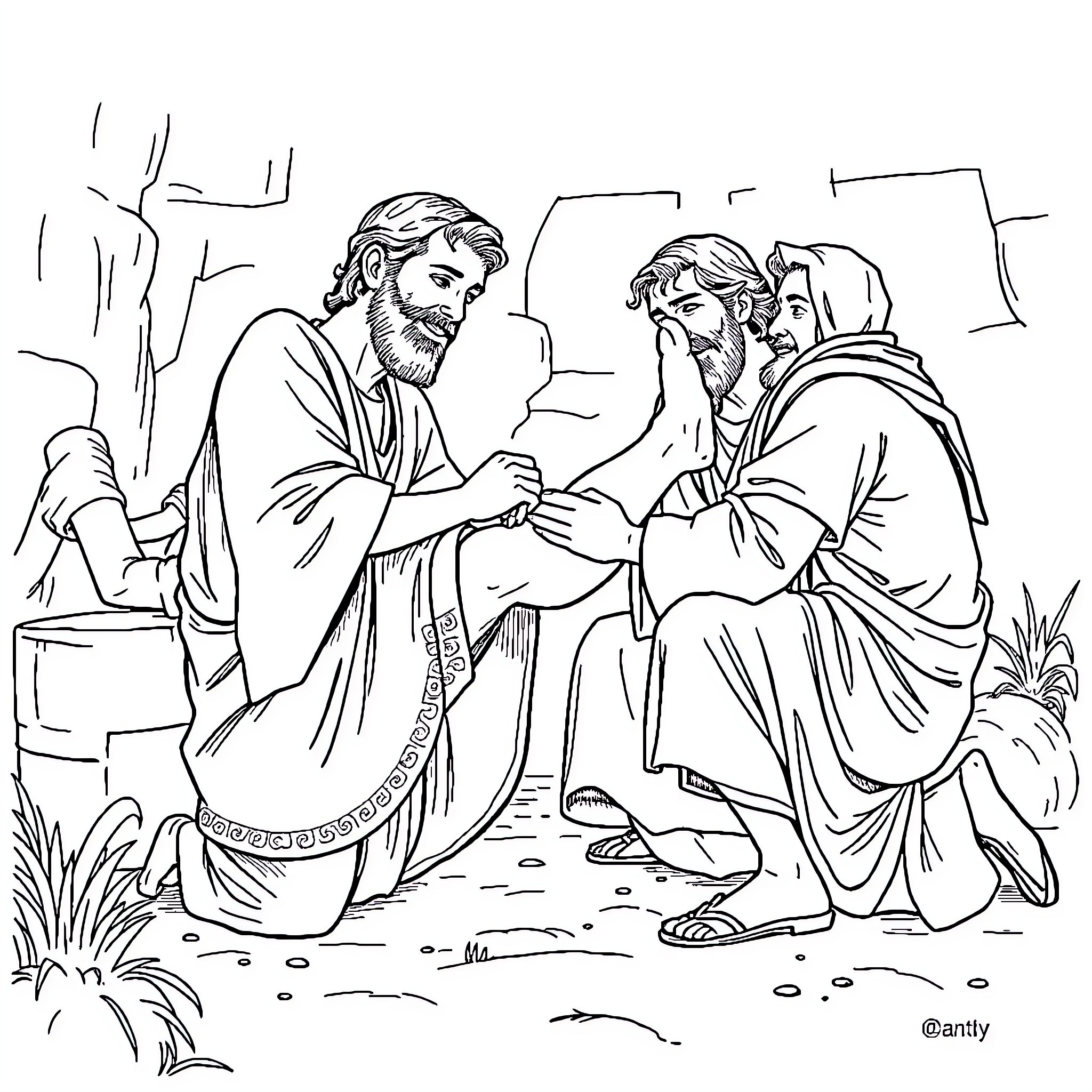 Joseph Smith Greeting Disciples in Religious Setting Coloring Page (free black-and-white line drawing printable PDF for all, from beginners to advanced learners, including children, teens, adults, and seniors)