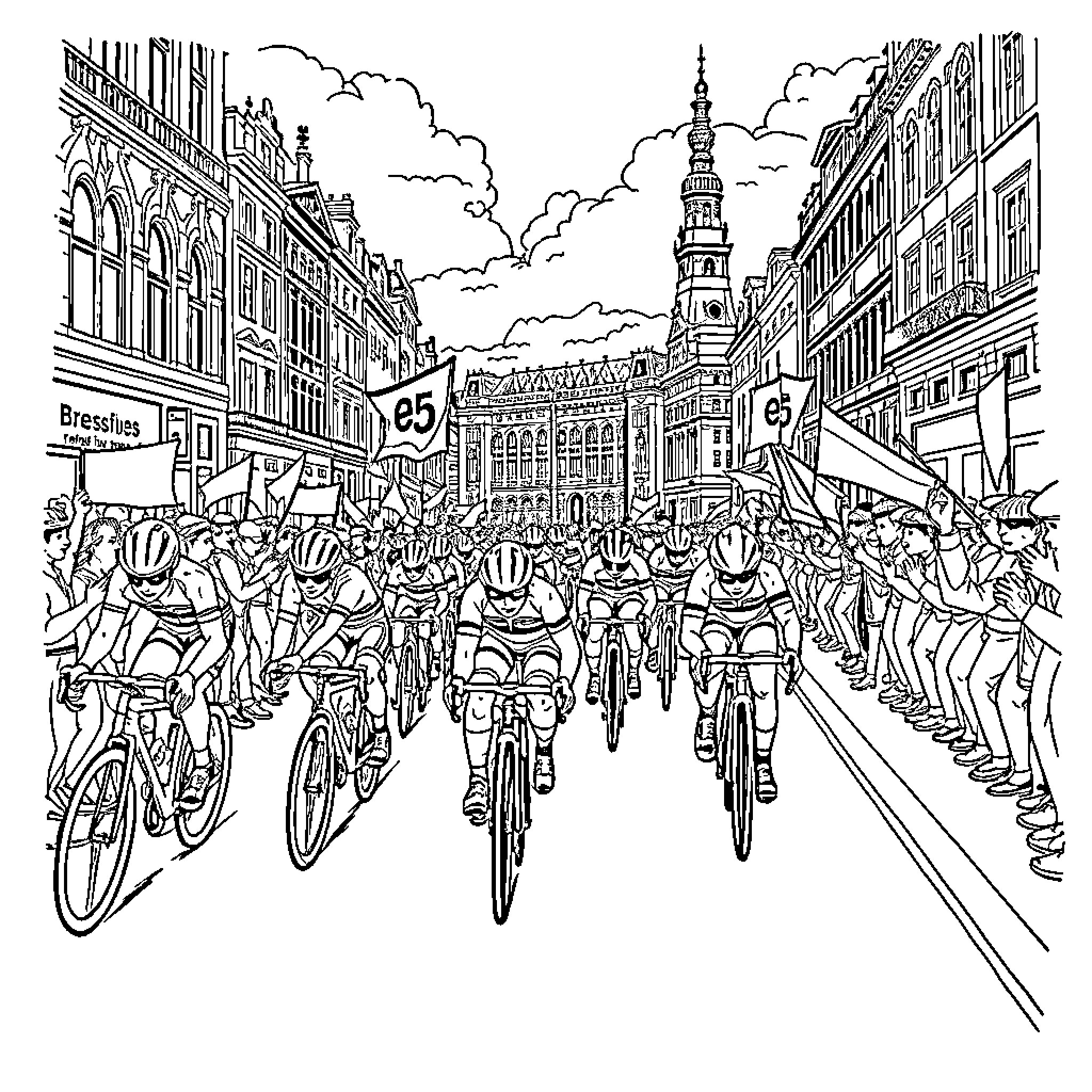 Cycling through the bustling city streets Coloring Page (free black-and-white line drawing printable PDF for all, from beginners to advanced learners, including children, teens, adults, and seniors)