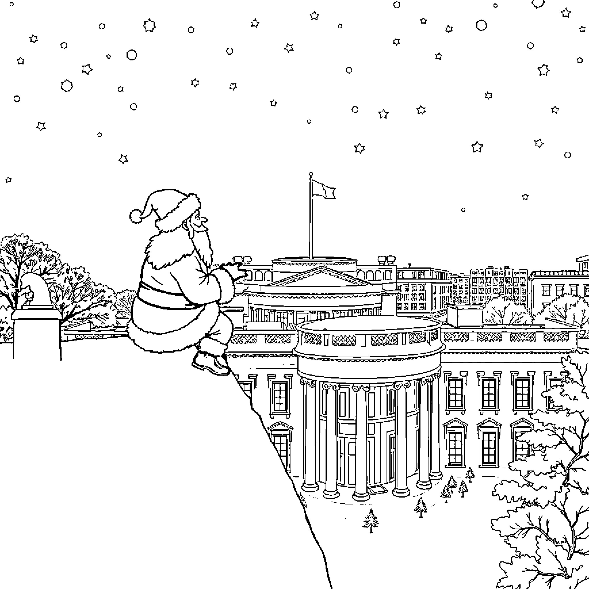 Santa overlooking the White House during a snowy night Coloring Page (free black-and-white line drawing printable PDF for all, from beginners to advanced learners, including children, teens, adults, and seniors)
