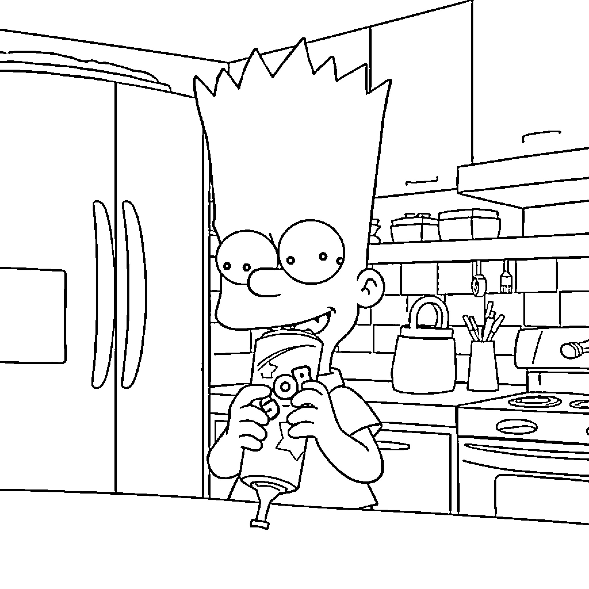 Bart Simpson playing video game in the kitchen Coloring Page (free black-and-white line drawing printable PDF for all, from beginners to advanced learners, including children, teens, adults, and seniors)