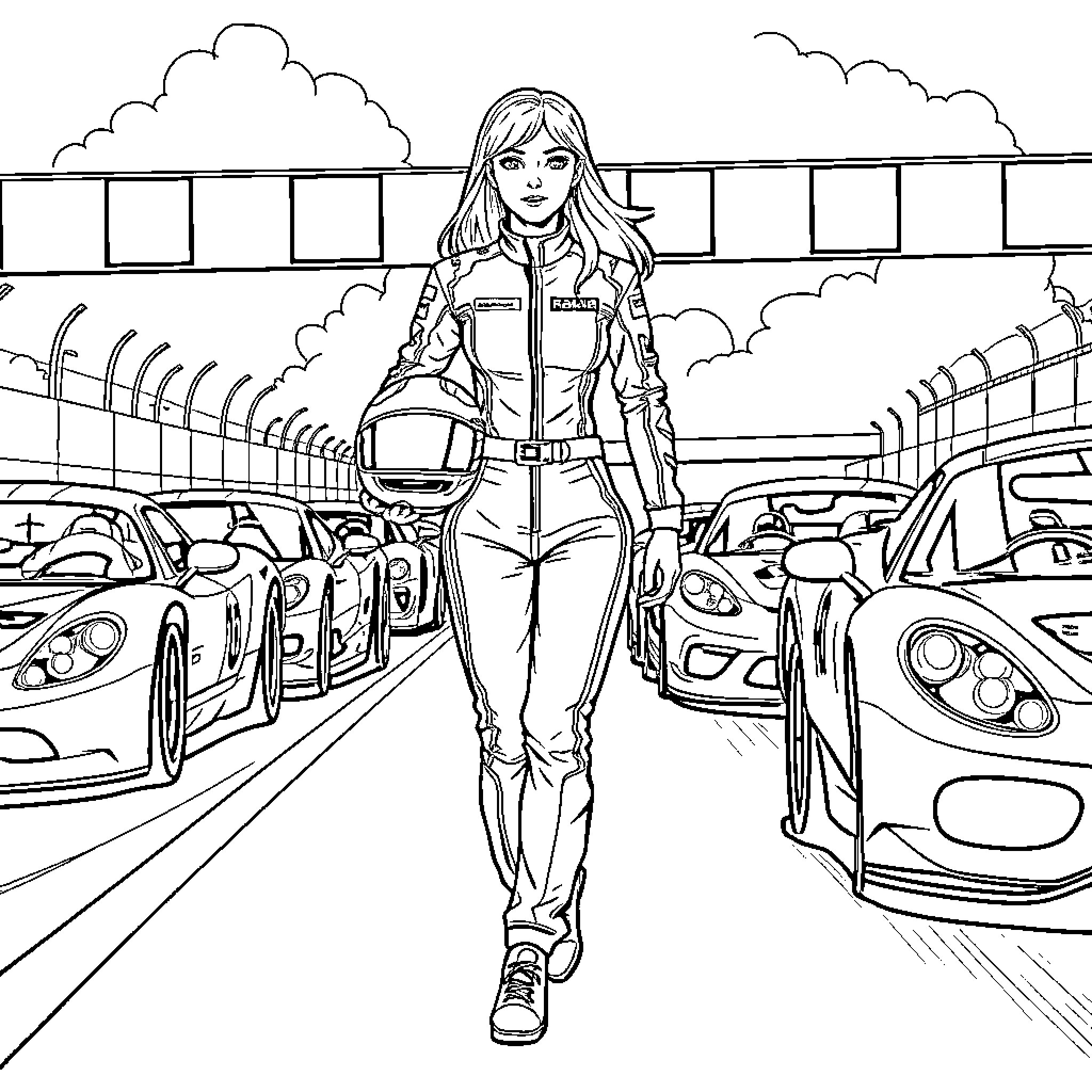 Racing Girl in Racing Gear Coloring Page (free black-and-white line drawing printable PDF for all, from beginners to advanced learners, including children, teens, adults, and seniors)