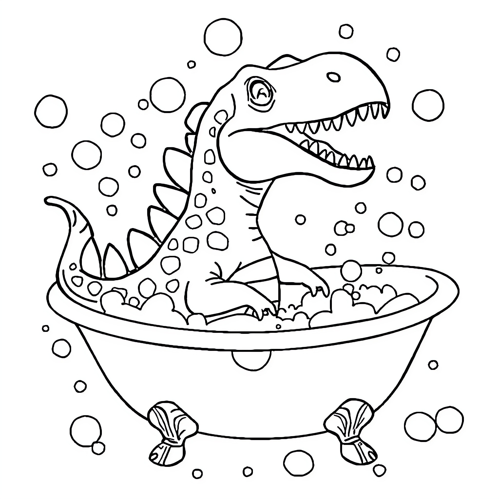 Dinosaur taking a bubbly bath Coloring Page (free black-and-white line drawing printable PDF for all, from beginners to advanced learners, including children, teens, adults, and seniors)