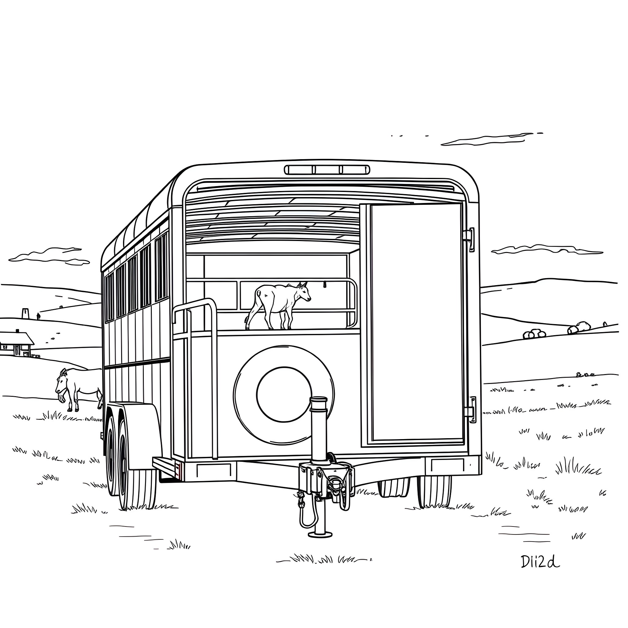 Gooseneck Trailer with Livestock in Rural Landscape Coloring Page (free black-and-white line drawing printable PDF for all, from beginners to advanced learners, including children, teens, adults, and seniors)