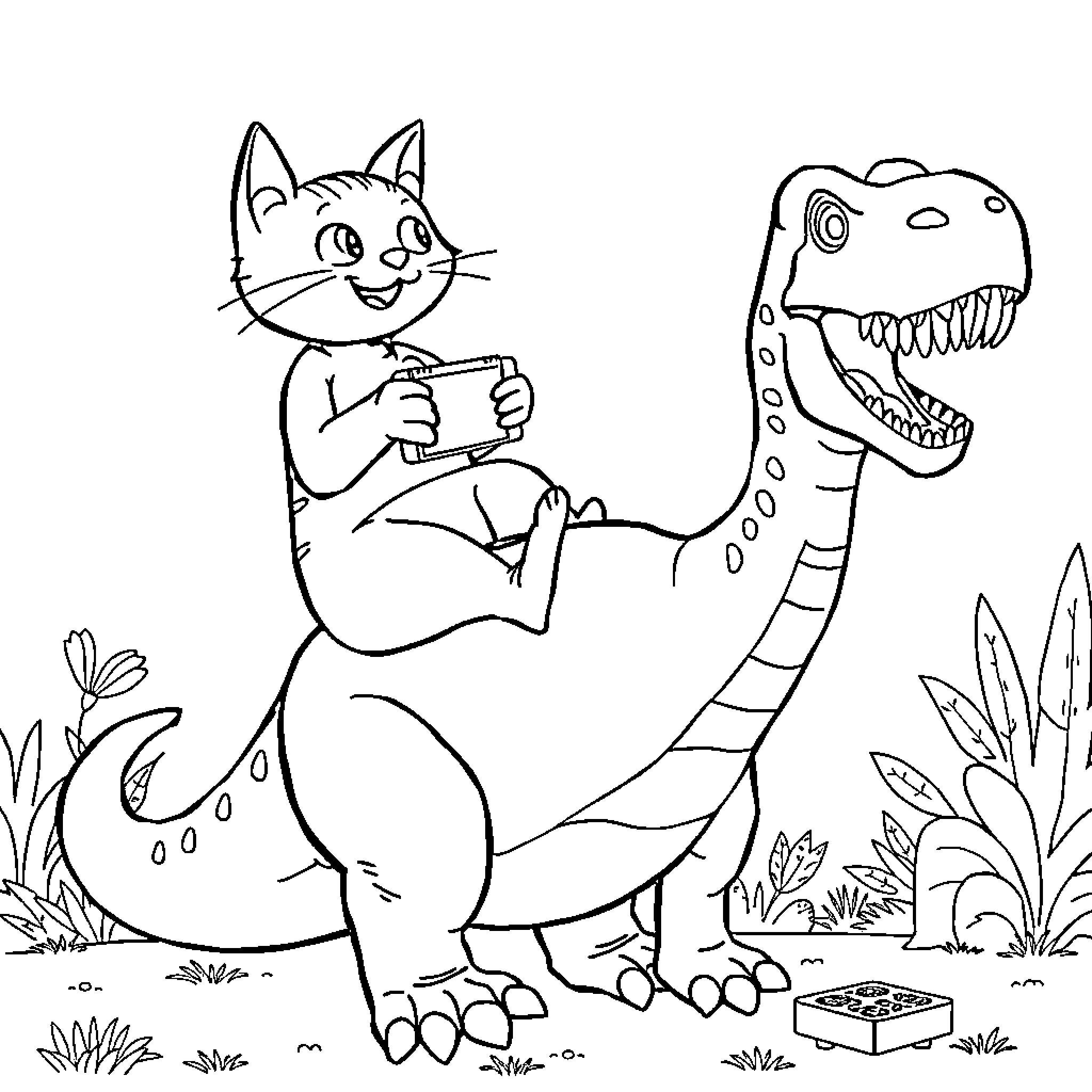 Cat playing with a dinosaur in nature Coloring Page (free black-and-white line drawing printable PDF for all, from beginners to advanced learners, including children, teens, adults, and seniors)