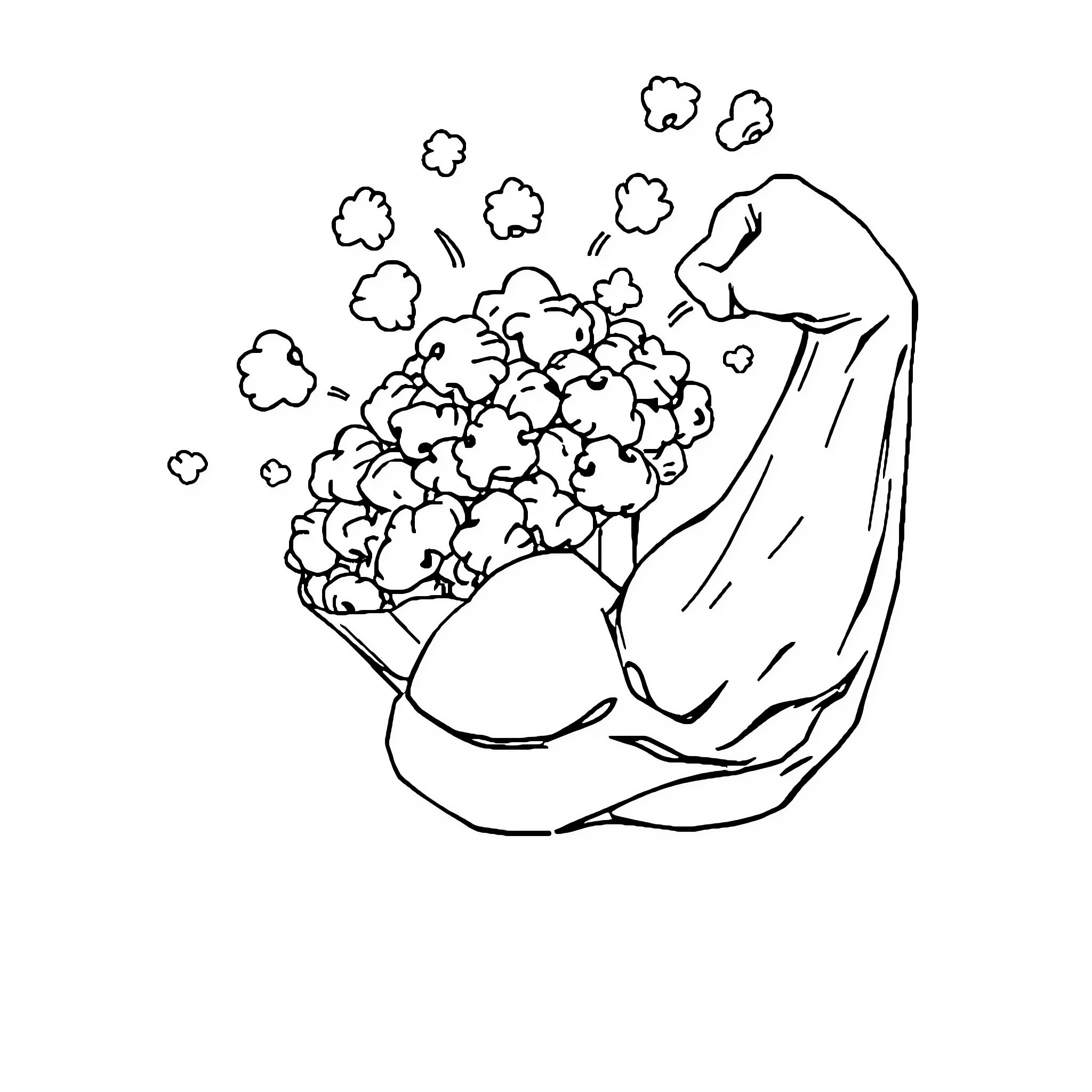 Popcorn Overflowing from Hands Coloring Page (free black-and-white line drawing printable PDF for all, from beginners to advanced learners, including children, teens, adults, and seniors)