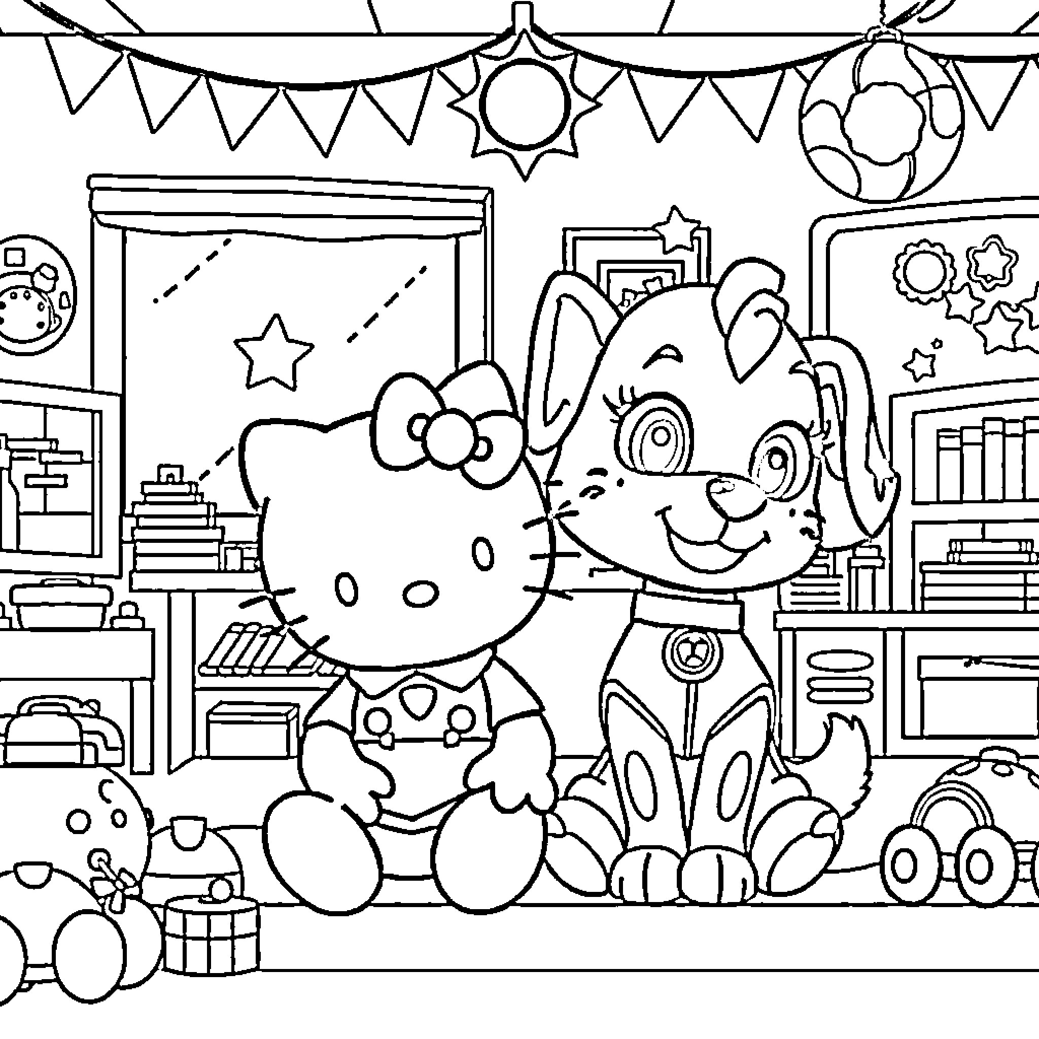Hello Kitty and Her Puppy Friend Explore a Playful Room Coloring Page (free black-and-white line drawing printable PDF for all, from beginners to advanced learners, including children, teens, adults, and seniors)