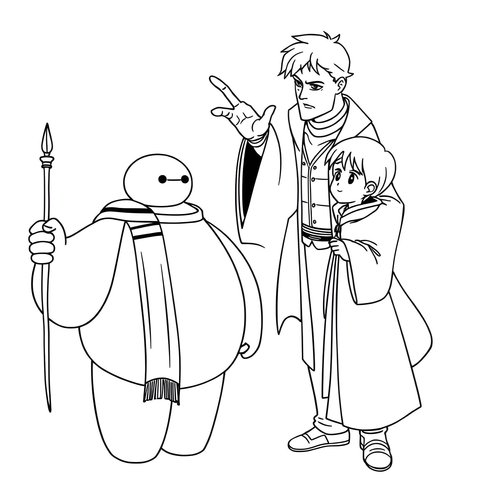 Baymax and group exploring adventure Coloring Page (free black-and-white line drawing printable PDF for all, from beginners to advanced learners, including children, teens, adults, and seniors)