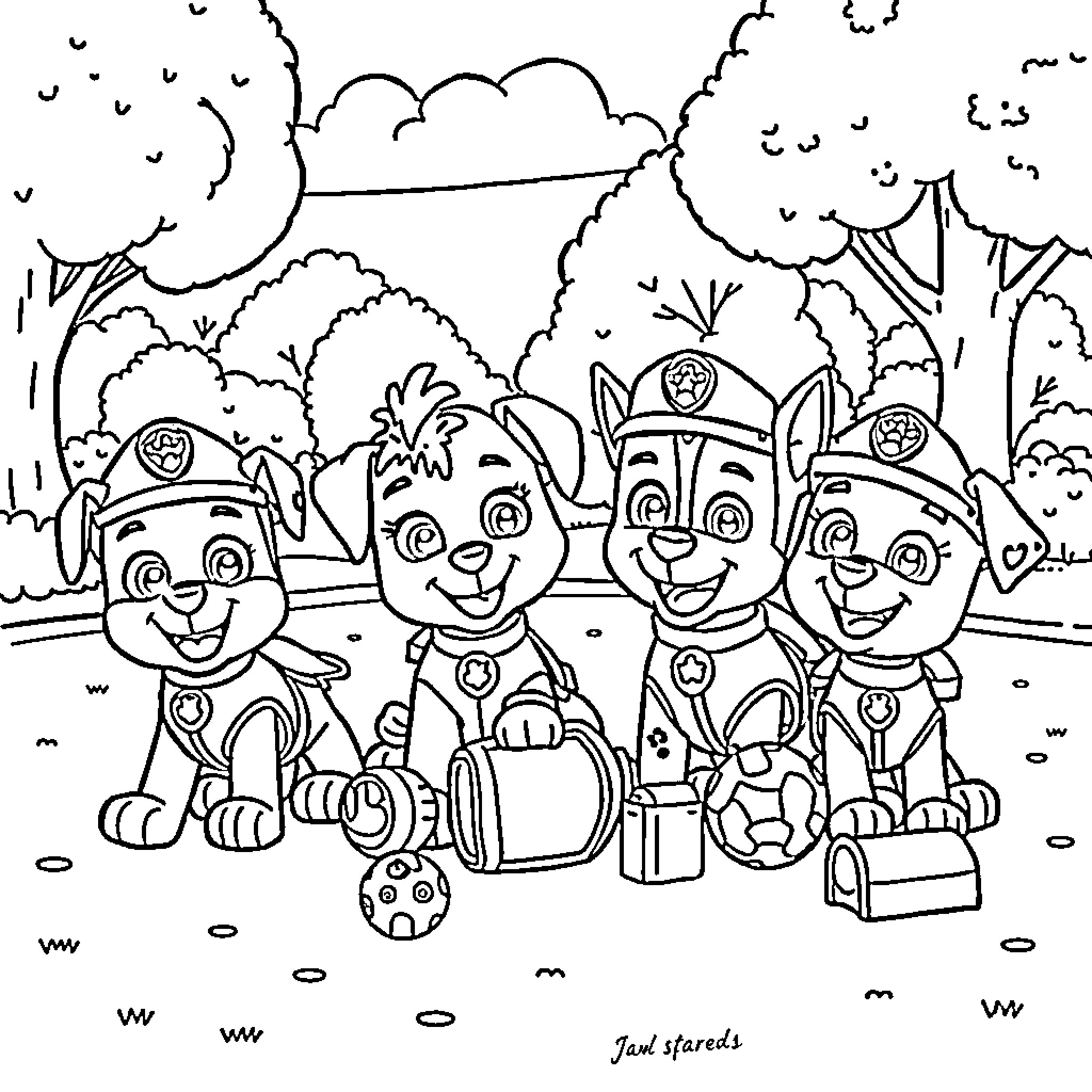 Paw Patrol characters on an adventure Coloring Page (free black-and-white line drawing printable PDF for all, from beginners to advanced learners, including children, teens, adults, and seniors)