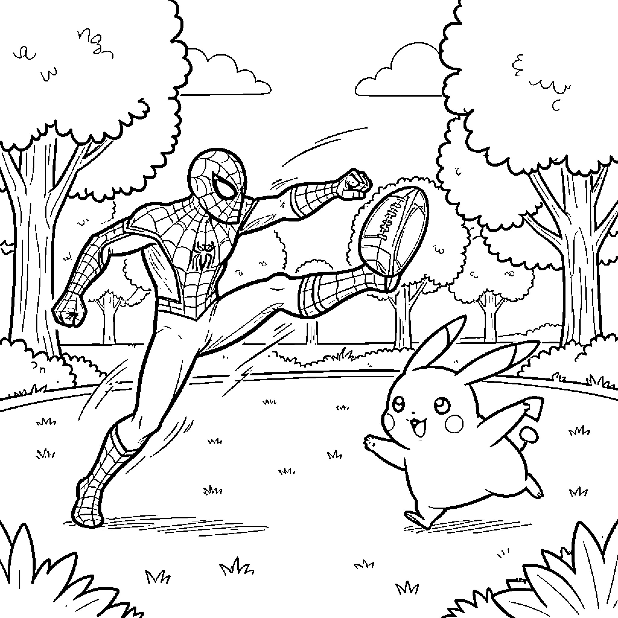 Spiderman kicking a football in a park Coloring Page (free black-and-white line drawing printable PDF for all, from beginners to advanced learners, including children, teens, adults, and seniors)