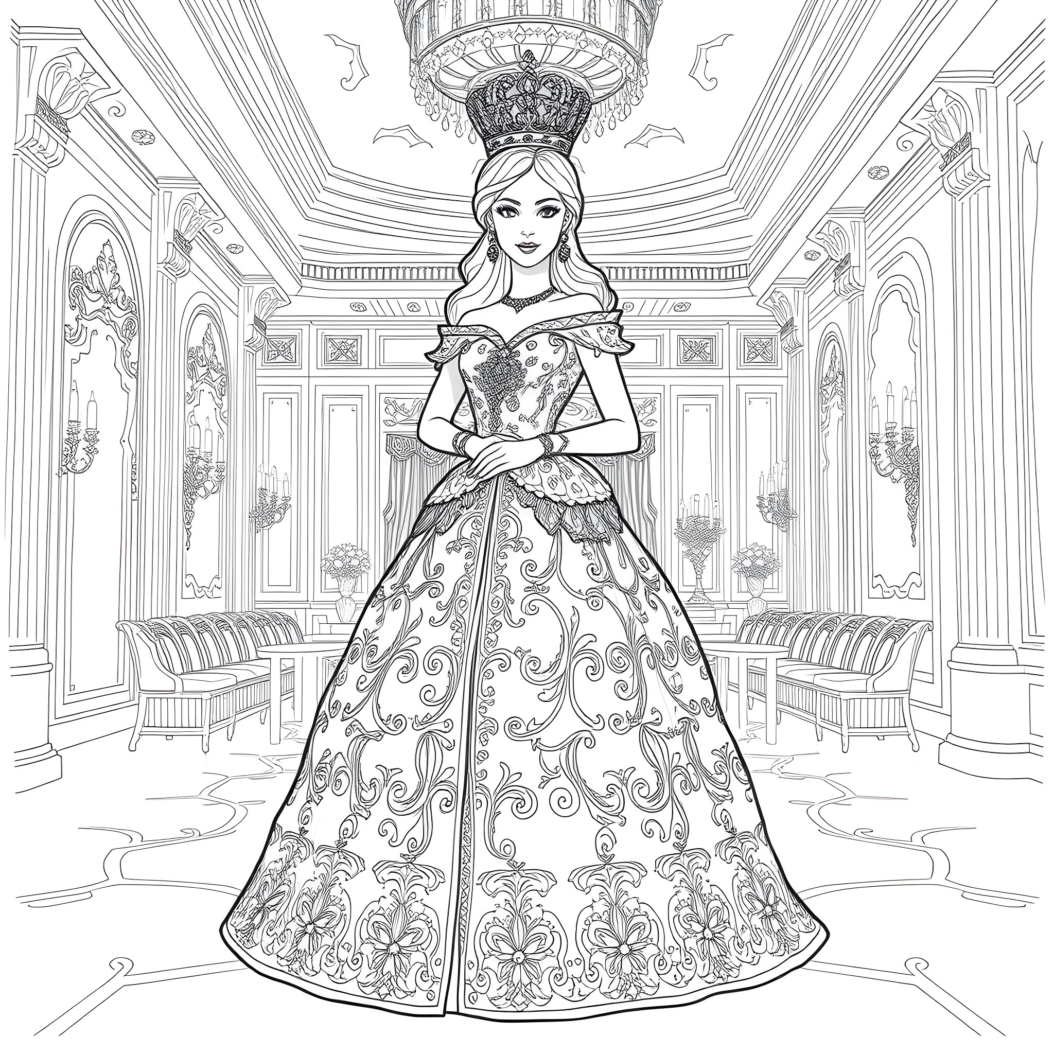 Princess in Elegant Ballroom with Ornate Decor Coloring Page (free black-and-white line drawing printable PDF for all, from beginners to advanced learners, including children, teens, adults, and seniors)