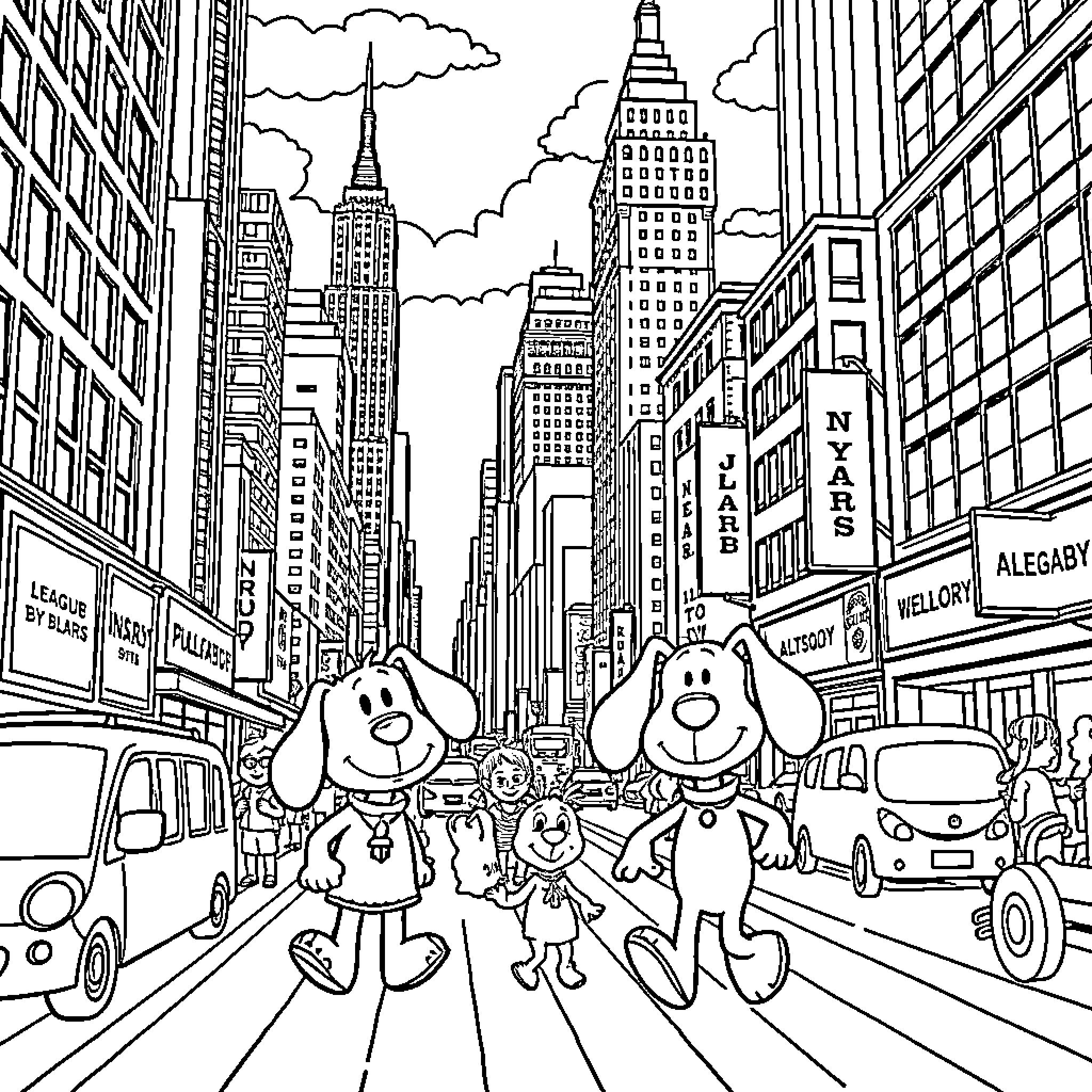 Blue's Clues Characters Exploring the City Coloring Page (free black-and-white line drawing printable PDF for all, from beginners to advanced learners, including children, teens, adults, and seniors)
