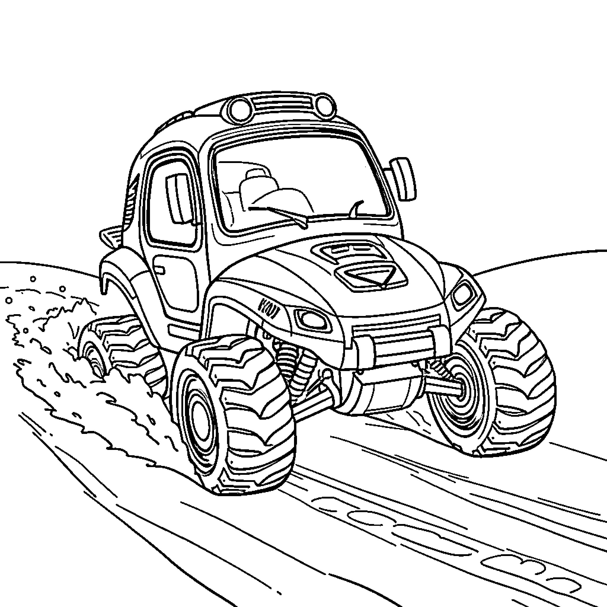 Robocar driving on rugged terrain Coloring Page (free black-and-white line drawing printable PDF for all, from beginners to advanced learners, including children, teens, adults, and seniors)