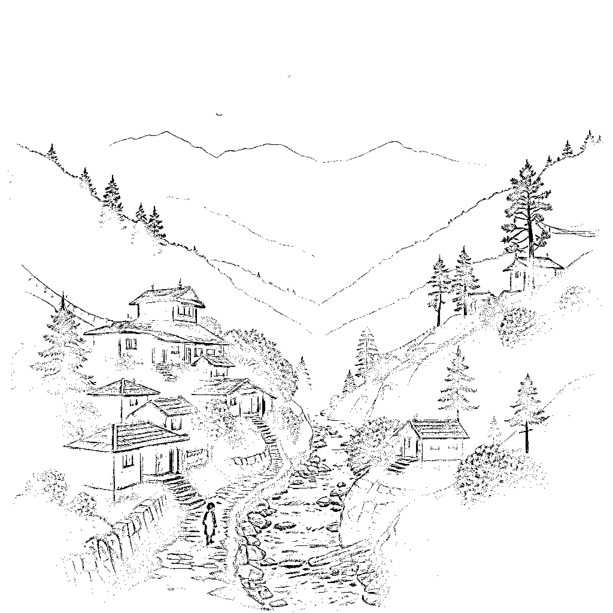 Manga Landscape of a Mountainous Village Coloring Page (free black-and-white line drawing printable PDF for all, from beginners to advanced learners, including children, teens, adults, and seniors)