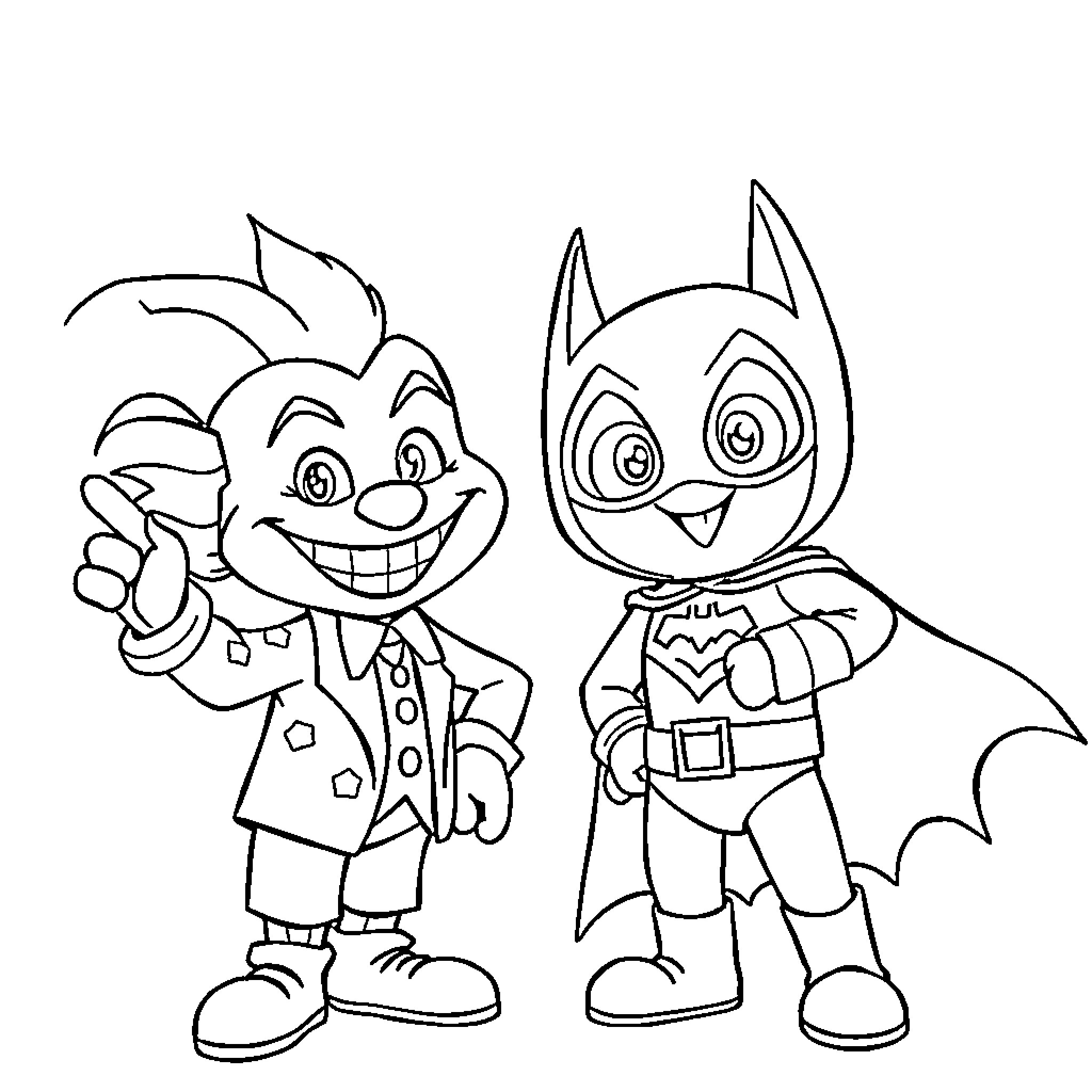 Bluey and Batman in Costume Illustration Coloring Page (free black-and-white line drawing printable PDF for all, from beginners to advanced learners, including children, teens, adults, and seniors)