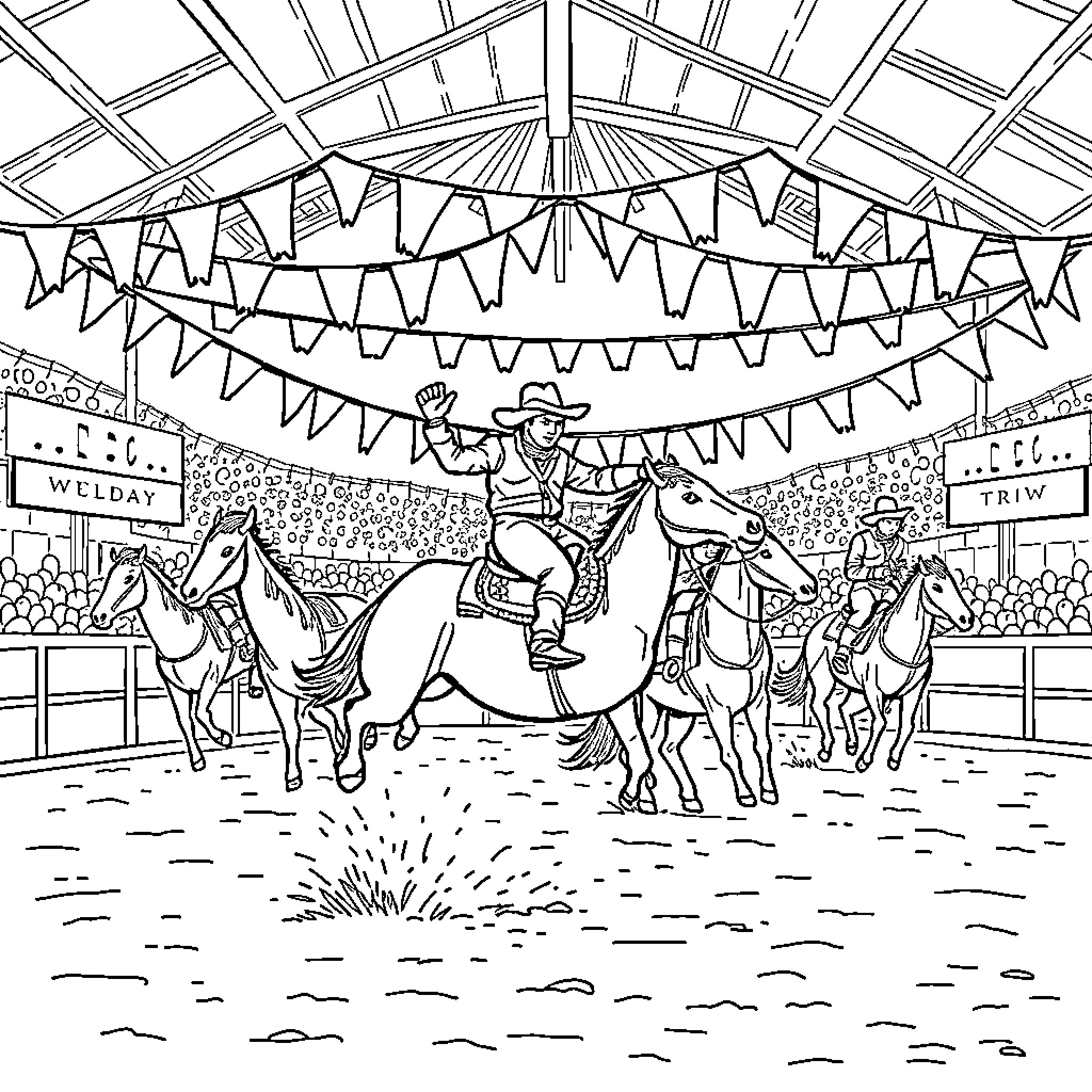 Rodeo with cowboy performers and decorated arena Coloring Page (free black-and-white line drawing printable PDF for all, from beginners to advanced learners, including children, teens, adults, and seniors)