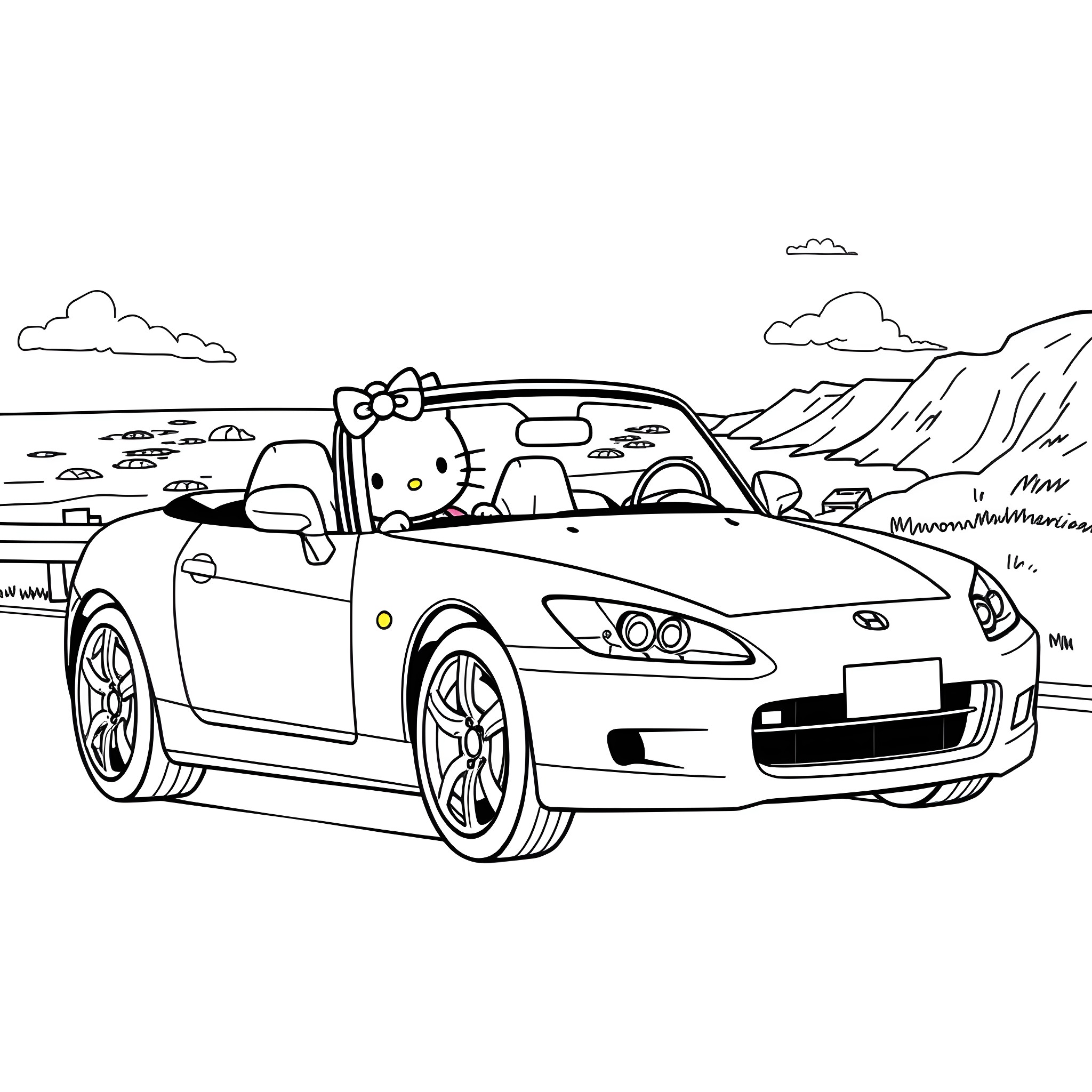 Hello Kitty driving convertible car in countryside Coloring Page (free black-and-white line drawing printable PDF for all, from beginners to advanced learners, including children, teens, adults, and seniors)