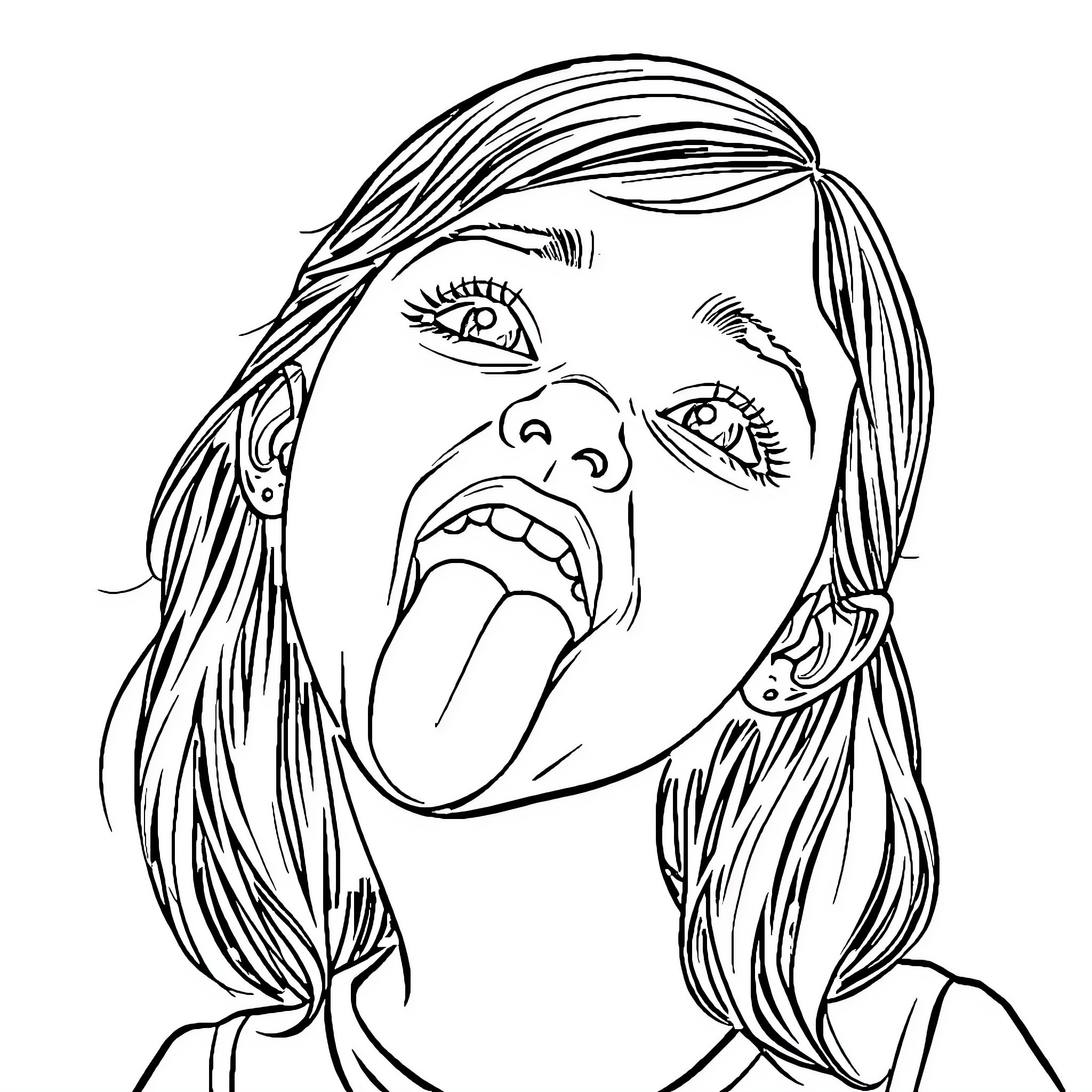 Girl's Exaggerated Facial Expression Coloring Page (free black-and-white line drawing printable PDF for all, from beginners to advanced learners, including children, teens, adults, and seniors)