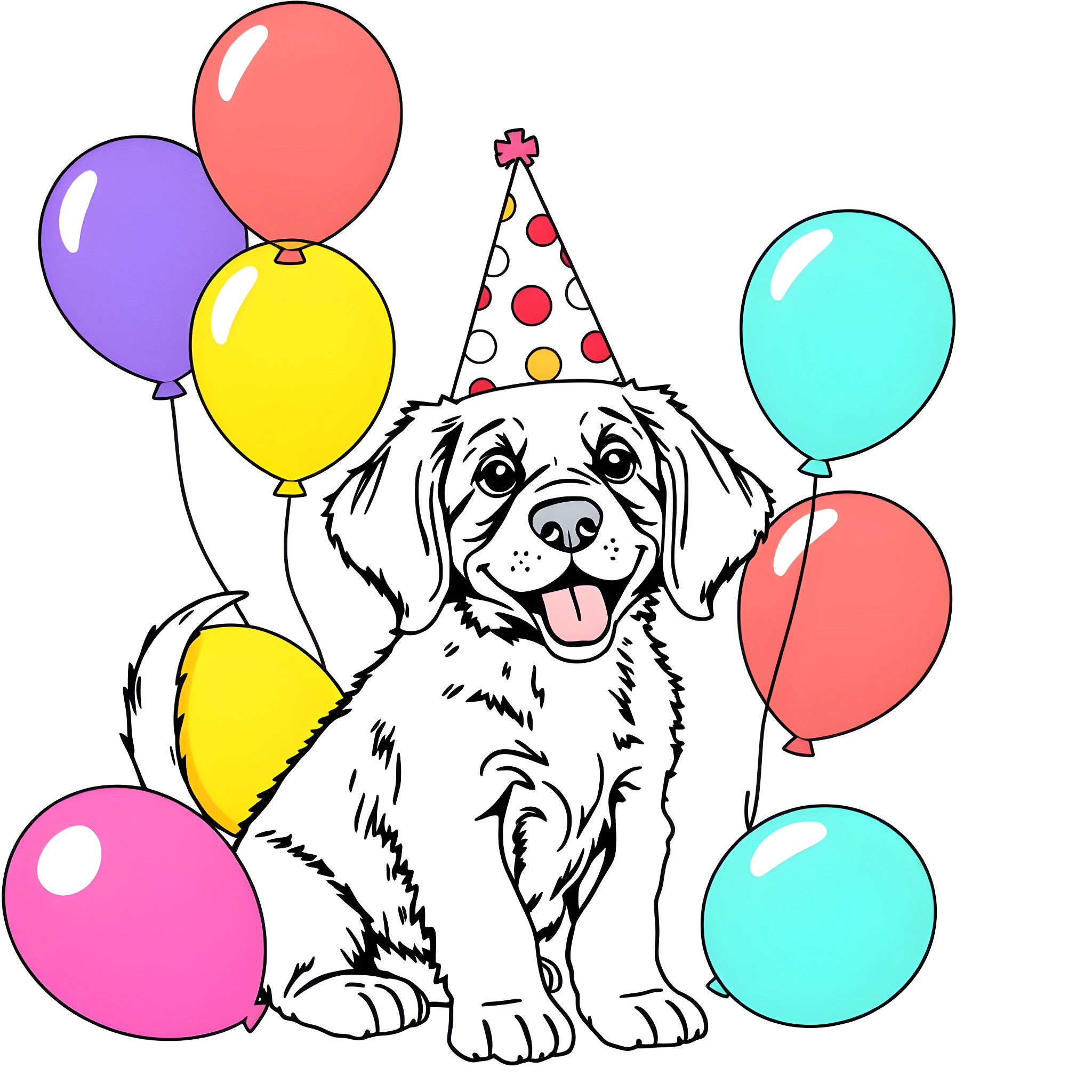 Retriever celebrating with colorful balloons Coloring Page (free black-and-white line drawing printable PDF for all, from beginners to advanced learners, including children, teens, adults, and seniors)