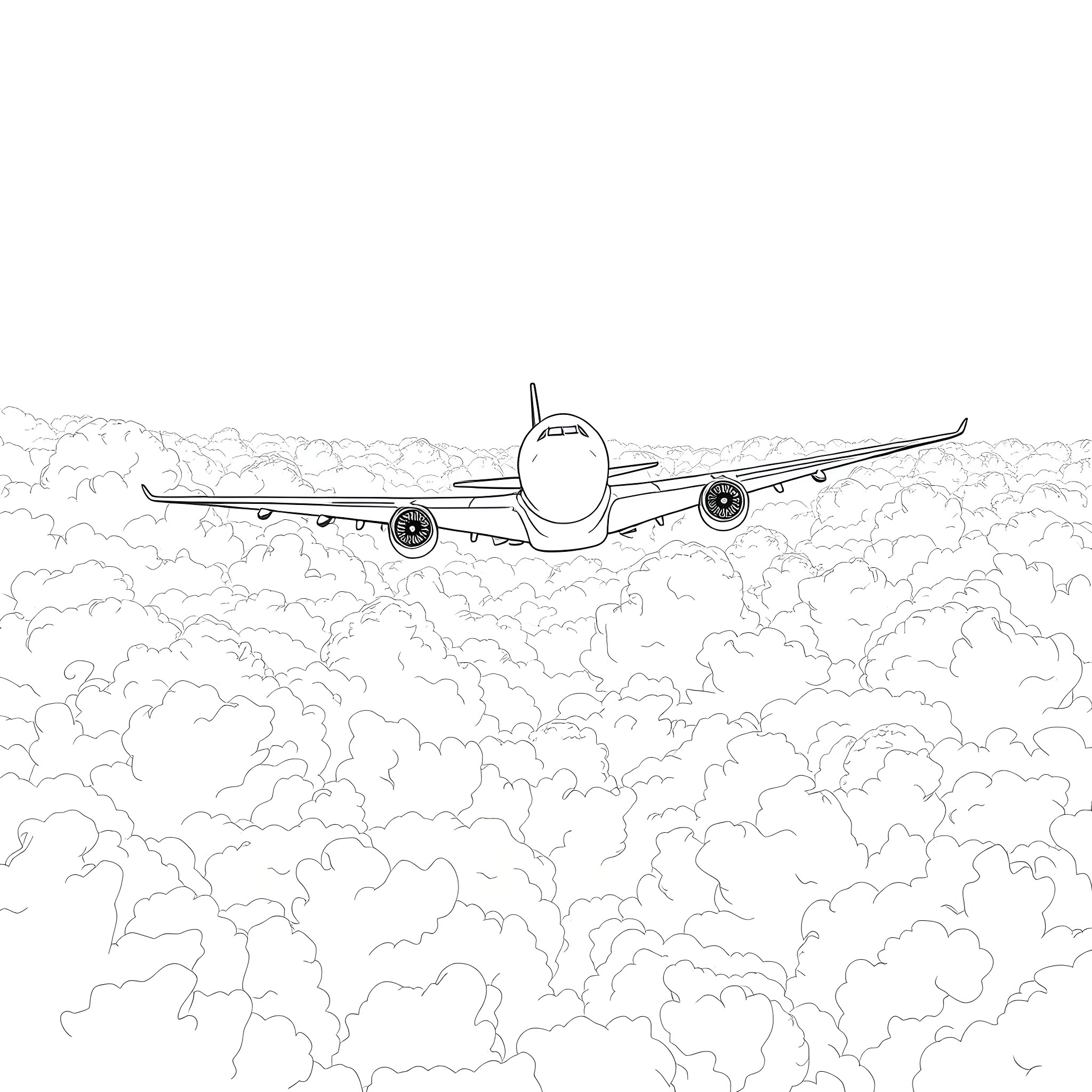 Airplane soaring through cloudy skies Coloring Page (free black-and-white line drawing printable PDF for all, from beginners to advanced learners, including children, teens, adults, and seniors)
