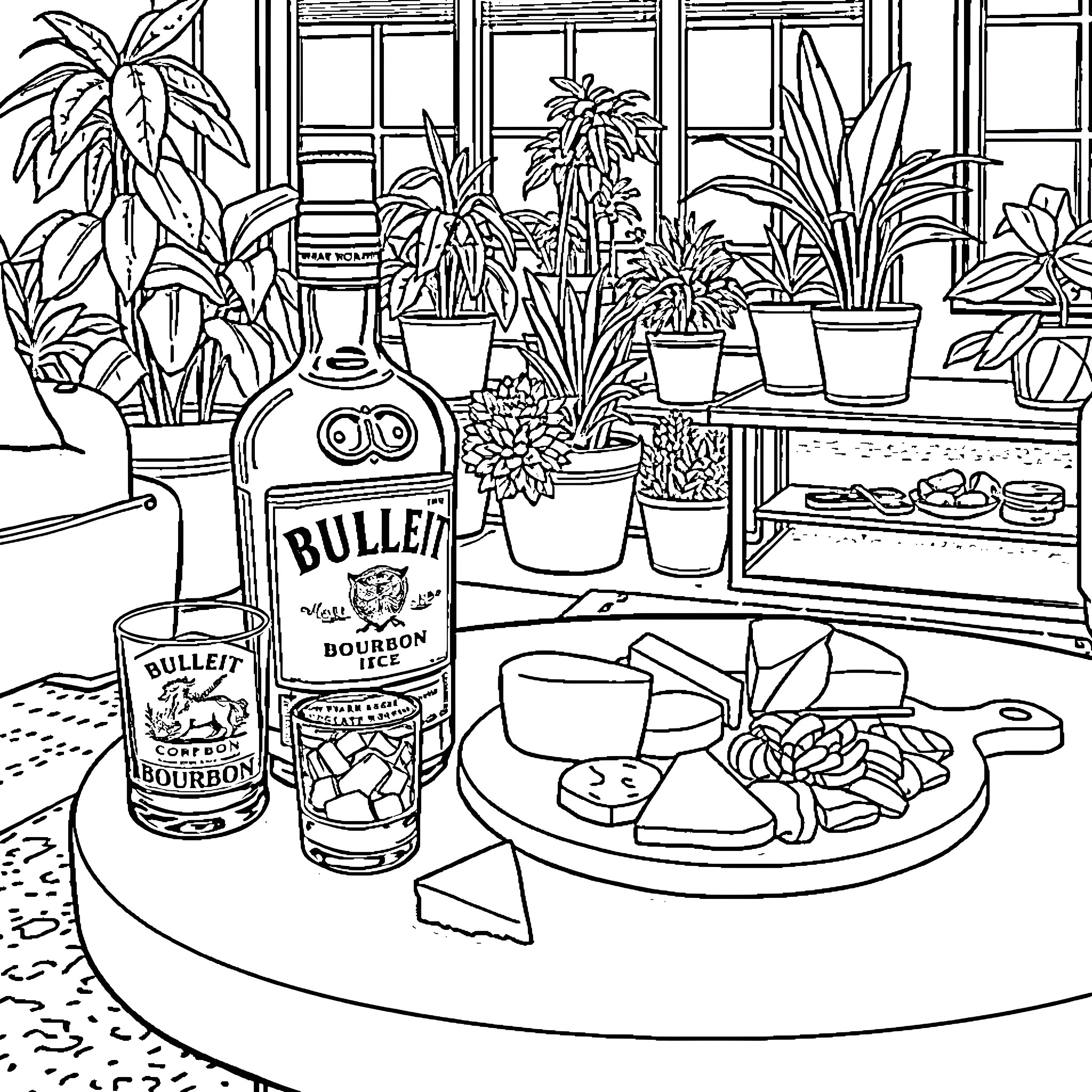 Bourbon Bottles and Plants in Cozy Home Setting Coloring Page (free black-and-white line drawing printable PDF for all, from beginners to advanced learners, including children, teens, adults, and seniors)