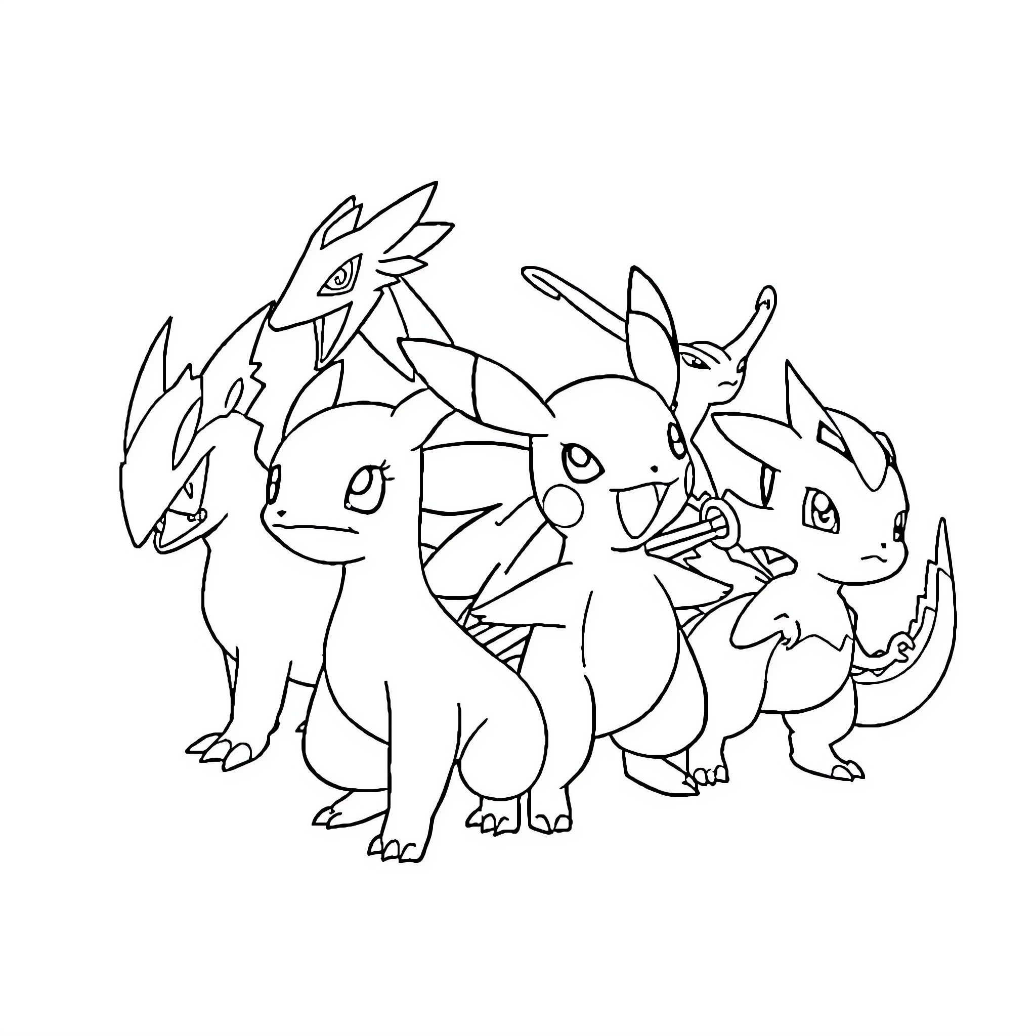 Pokémon characters in playful poses Coloring Page (free black-and-white line drawing printable PDF for all, from beginners to advanced learners, including children, teens, adults, and seniors)