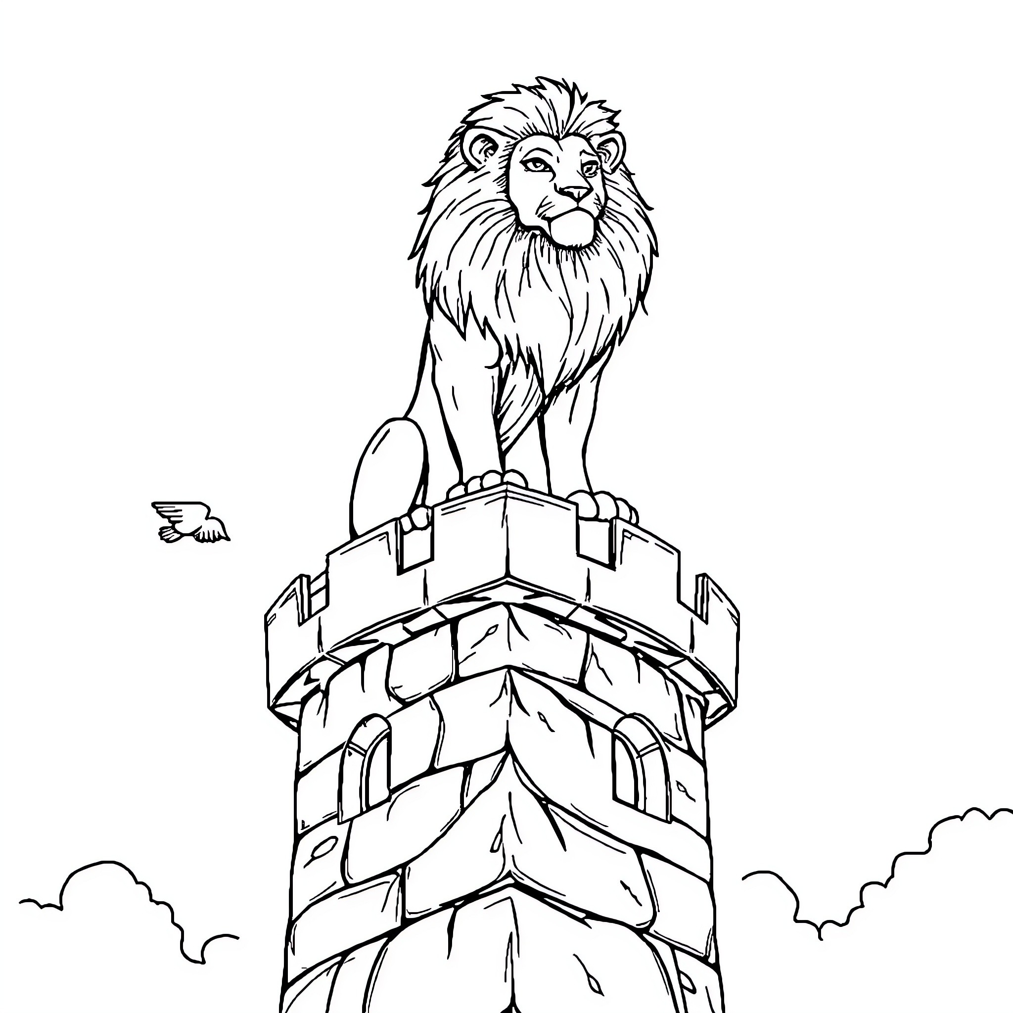 Lion standing atop a castle tower Coloring Page (free black-and-white line drawing printable PDF for all, from beginners to advanced learners, including children, teens, adults, and seniors)