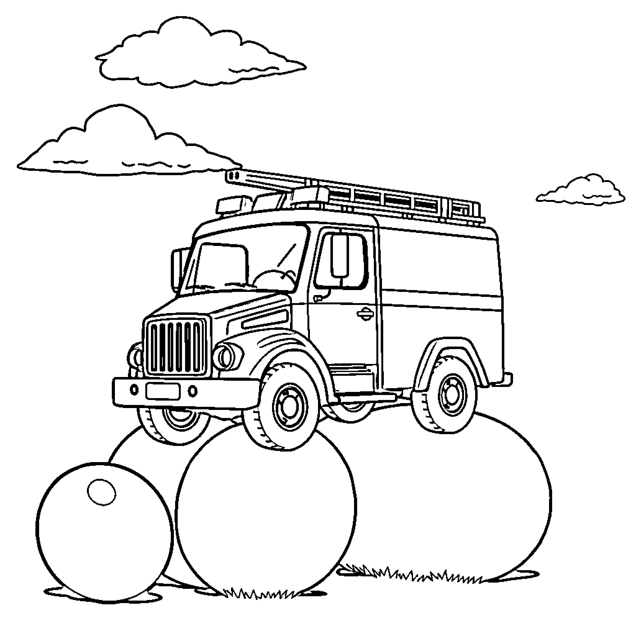Fire Truck responding to an emergency scene Coloring Page (free black-and-white line drawing printable PDF for all, from beginners to advanced learners, including children, teens, adults, and seniors)
