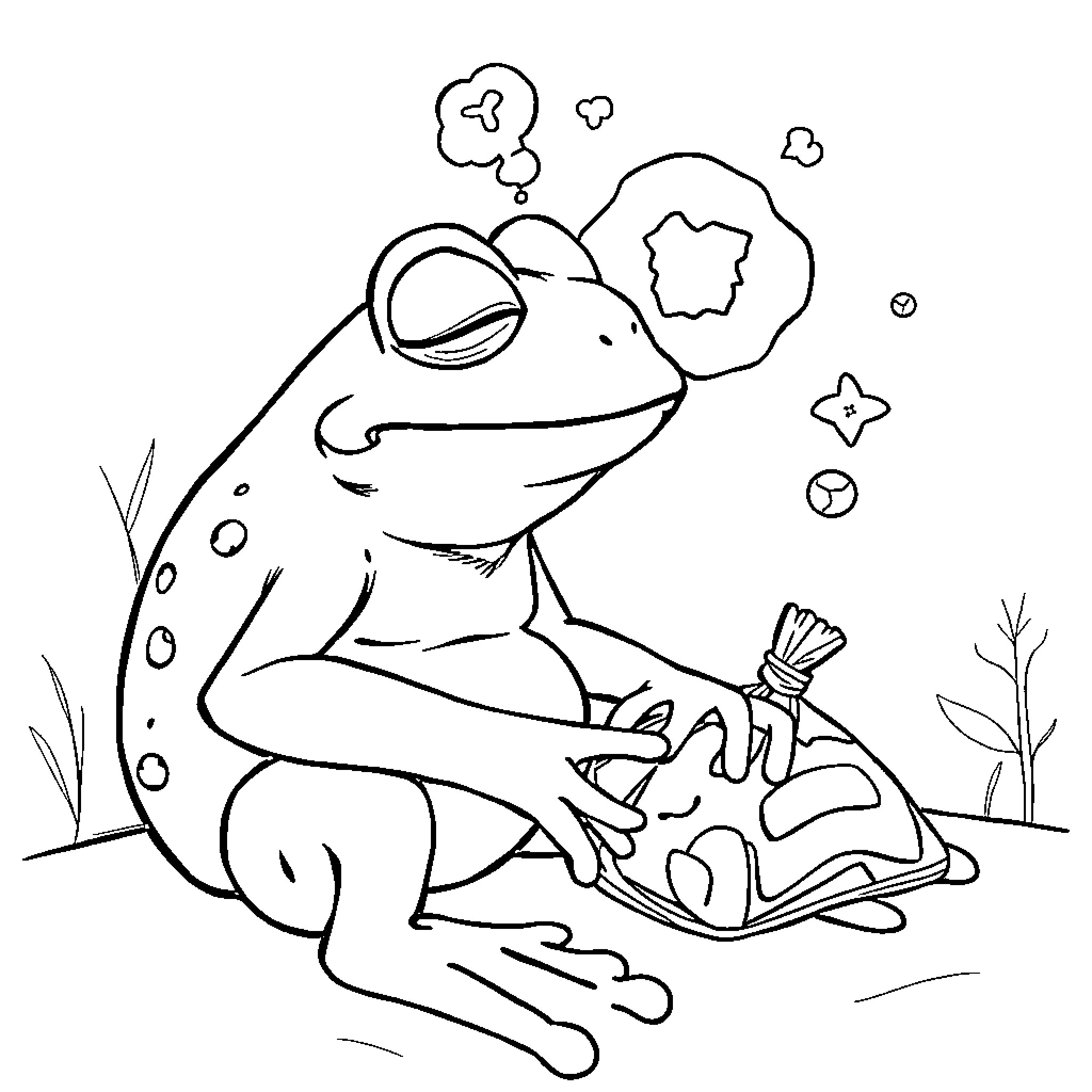 Pepe the Frog's Imaginative Adventure Coloring Page (free black-and-white line drawing printable PDF for all, from beginners to advanced learners, including children, teens, adults, and seniors)