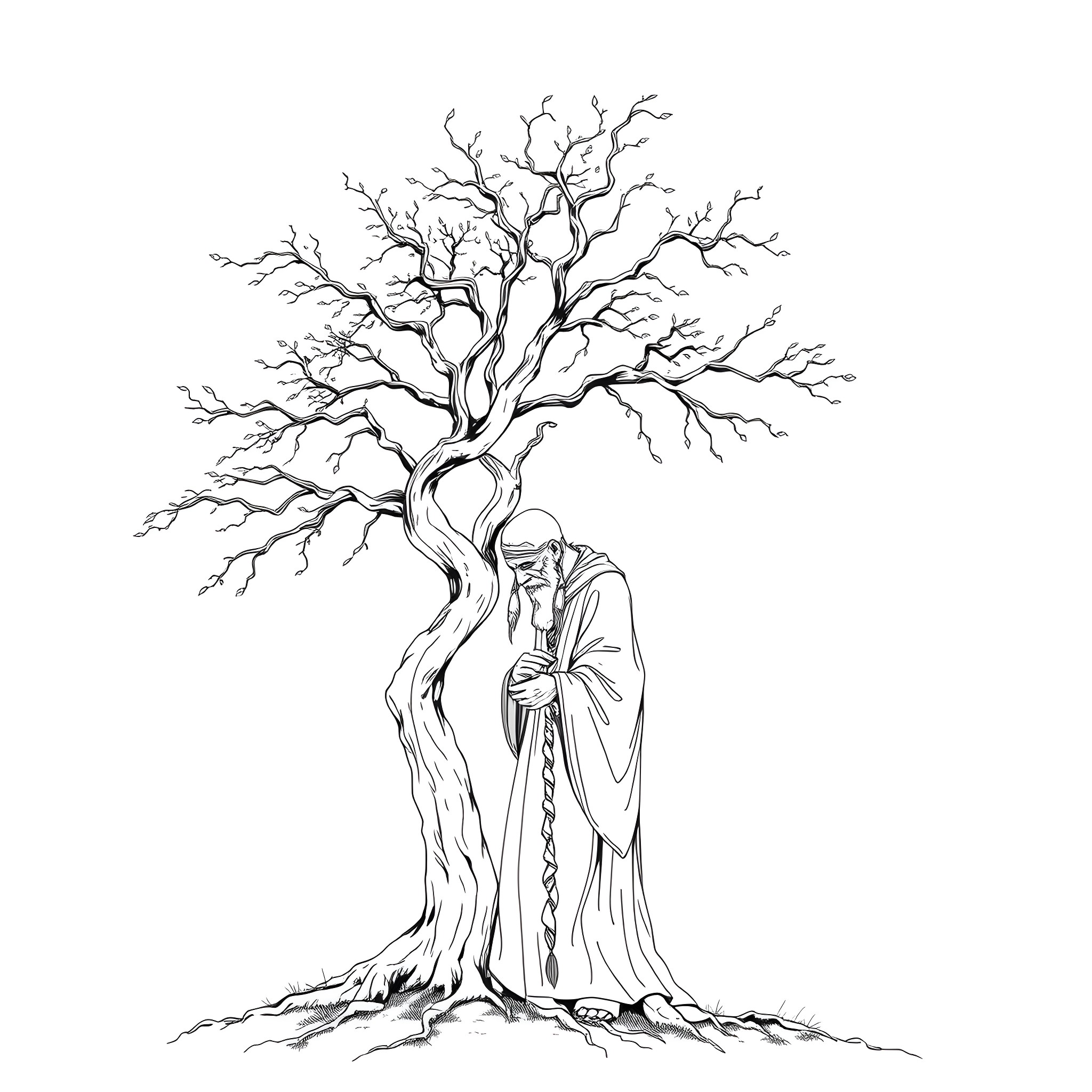 Spirit of the Twisted Tree Coloring Page (free black-and-white line drawing printable PDF for all, from beginners to advanced learners, including children, teens, adults, and seniors)