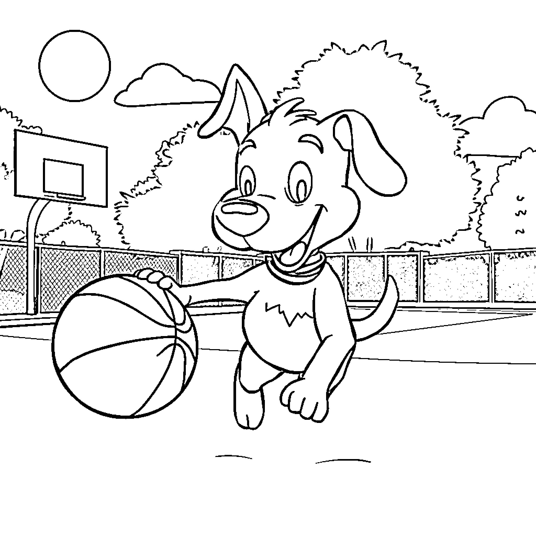 Dog playing with basketball in the park Coloring Page (free black-and-white line drawing printable PDF for all, from beginners to advanced learners, including children, teens, adults, and seniors)